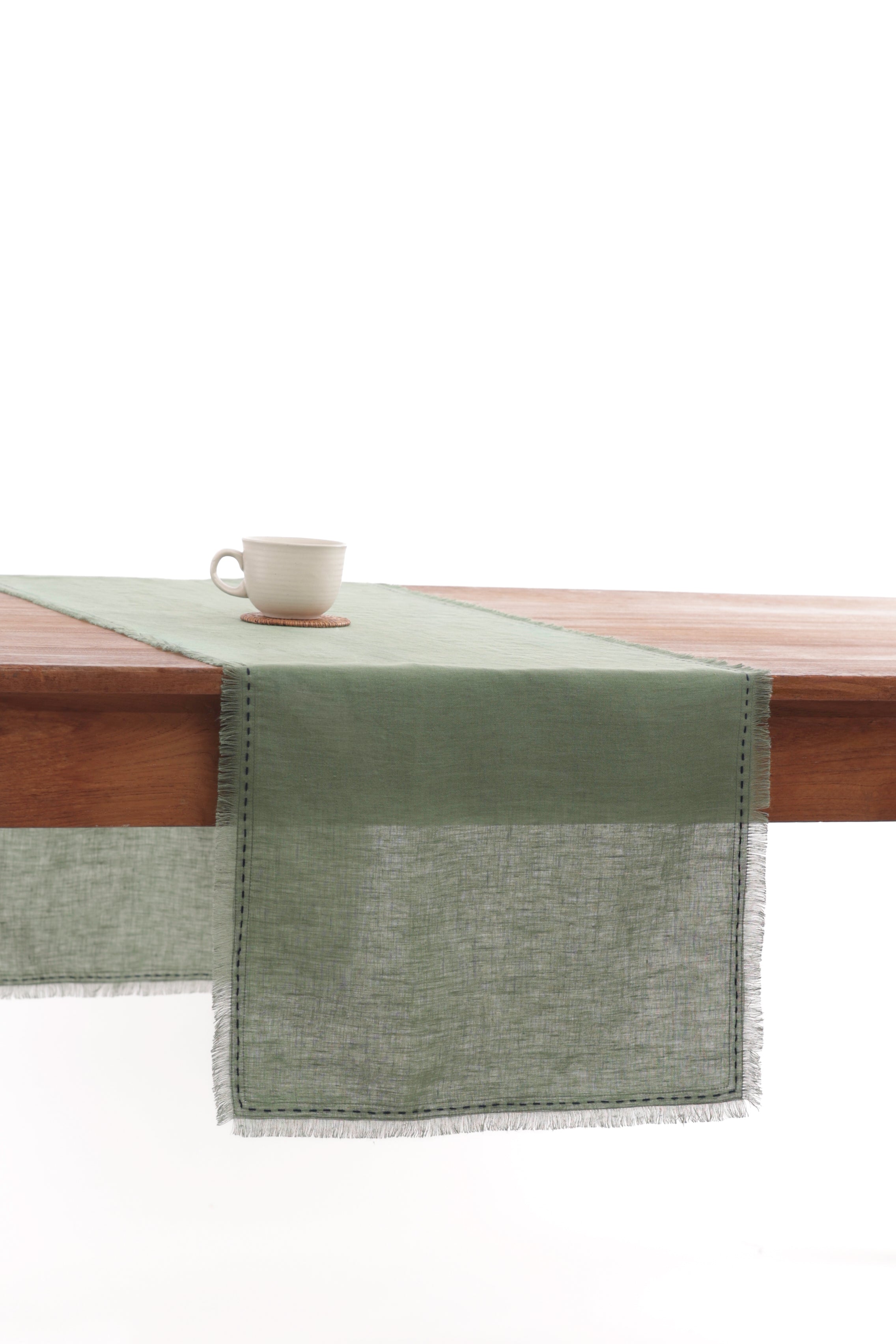 Linen Fringe me kantha Table Runner