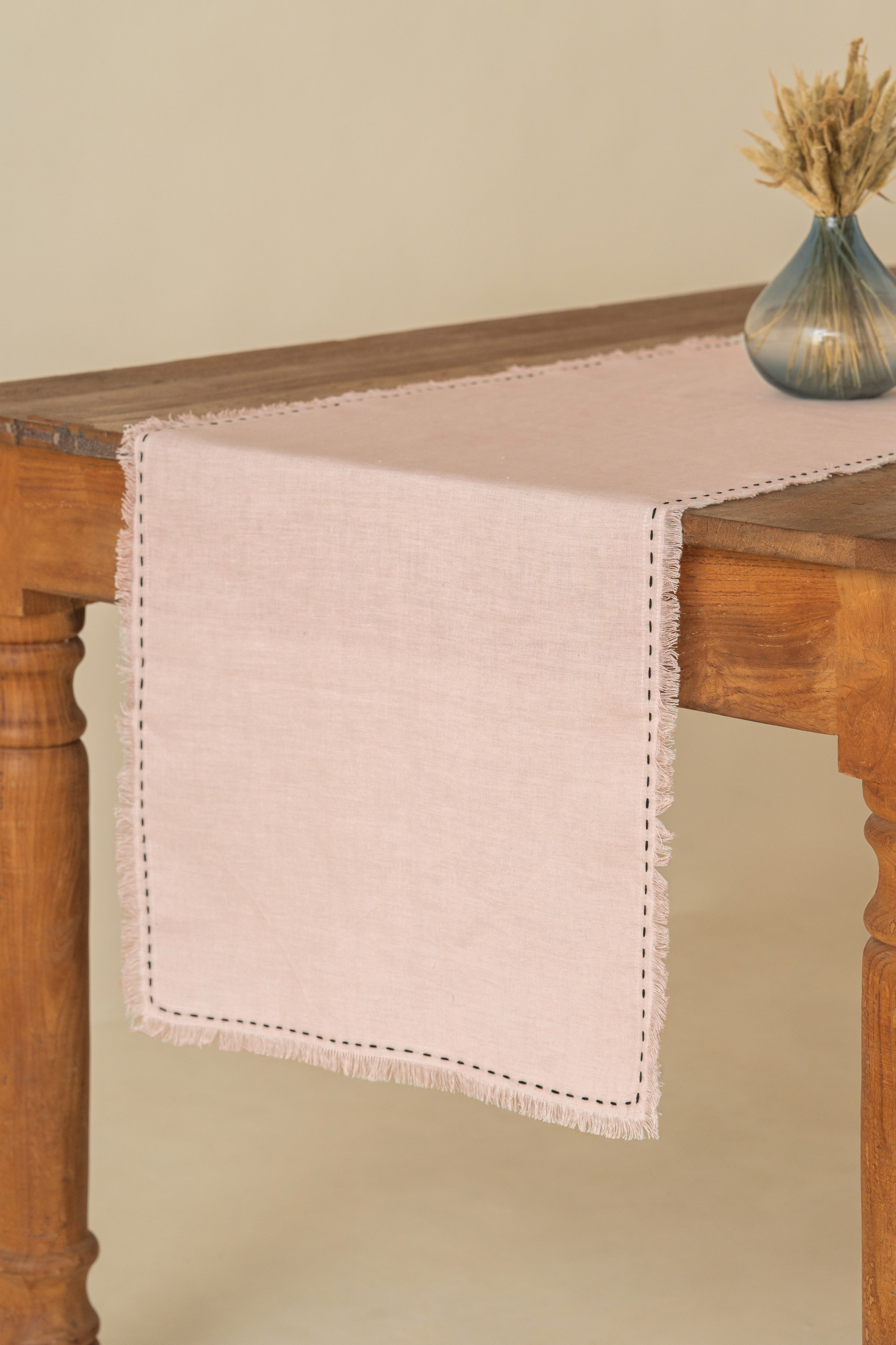 Linen Fringe me kantha Table Runner