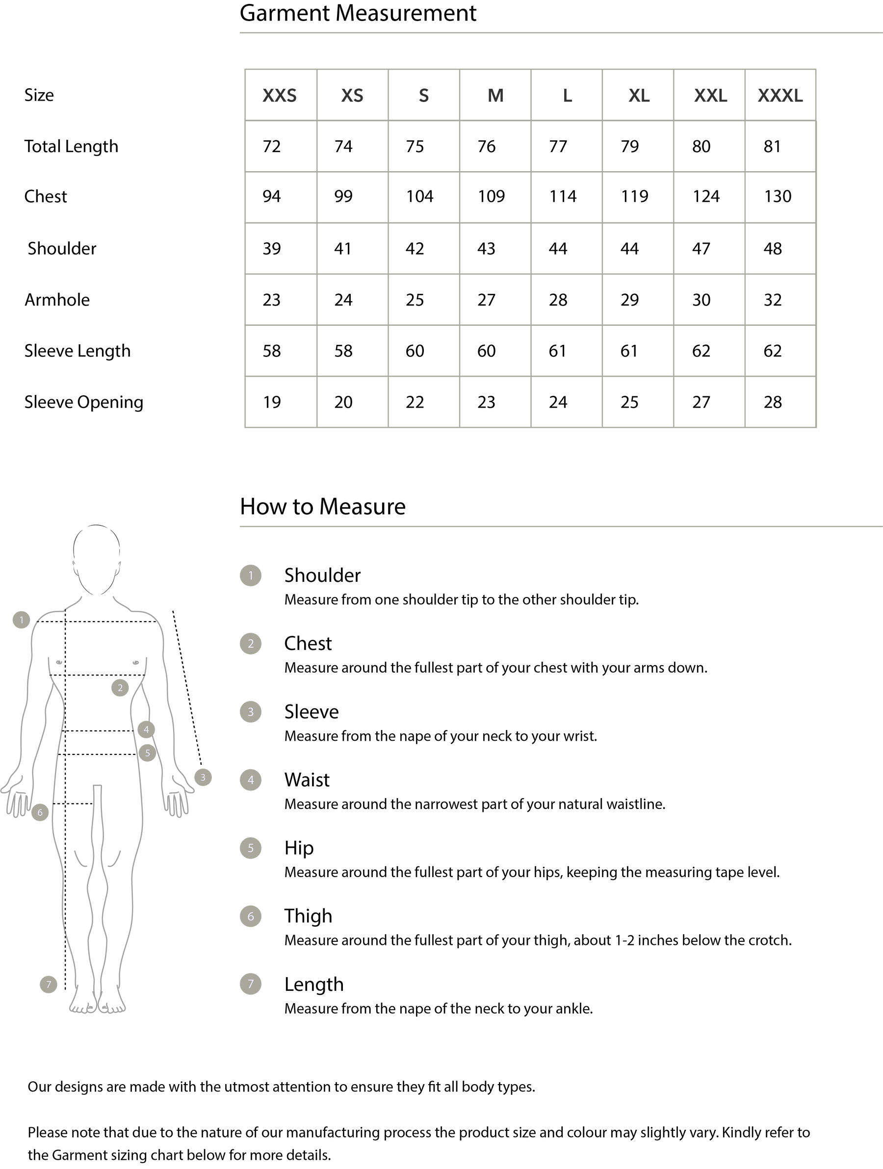 Size chart in centimetres