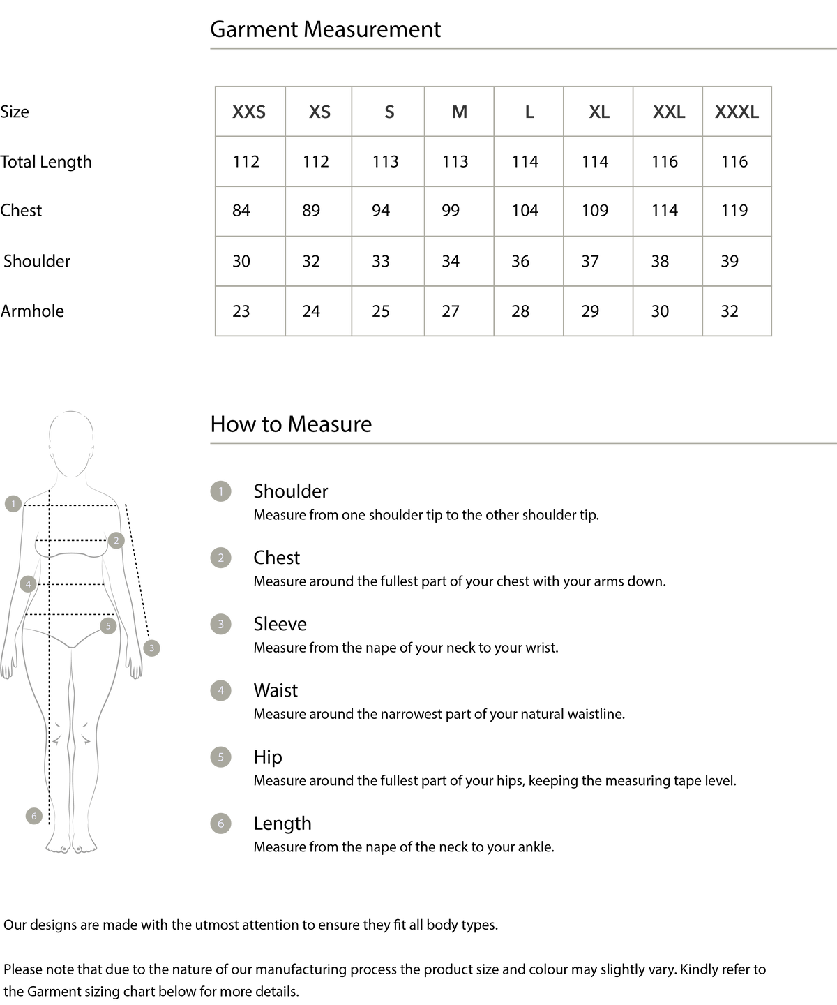 Size chart in centimetres