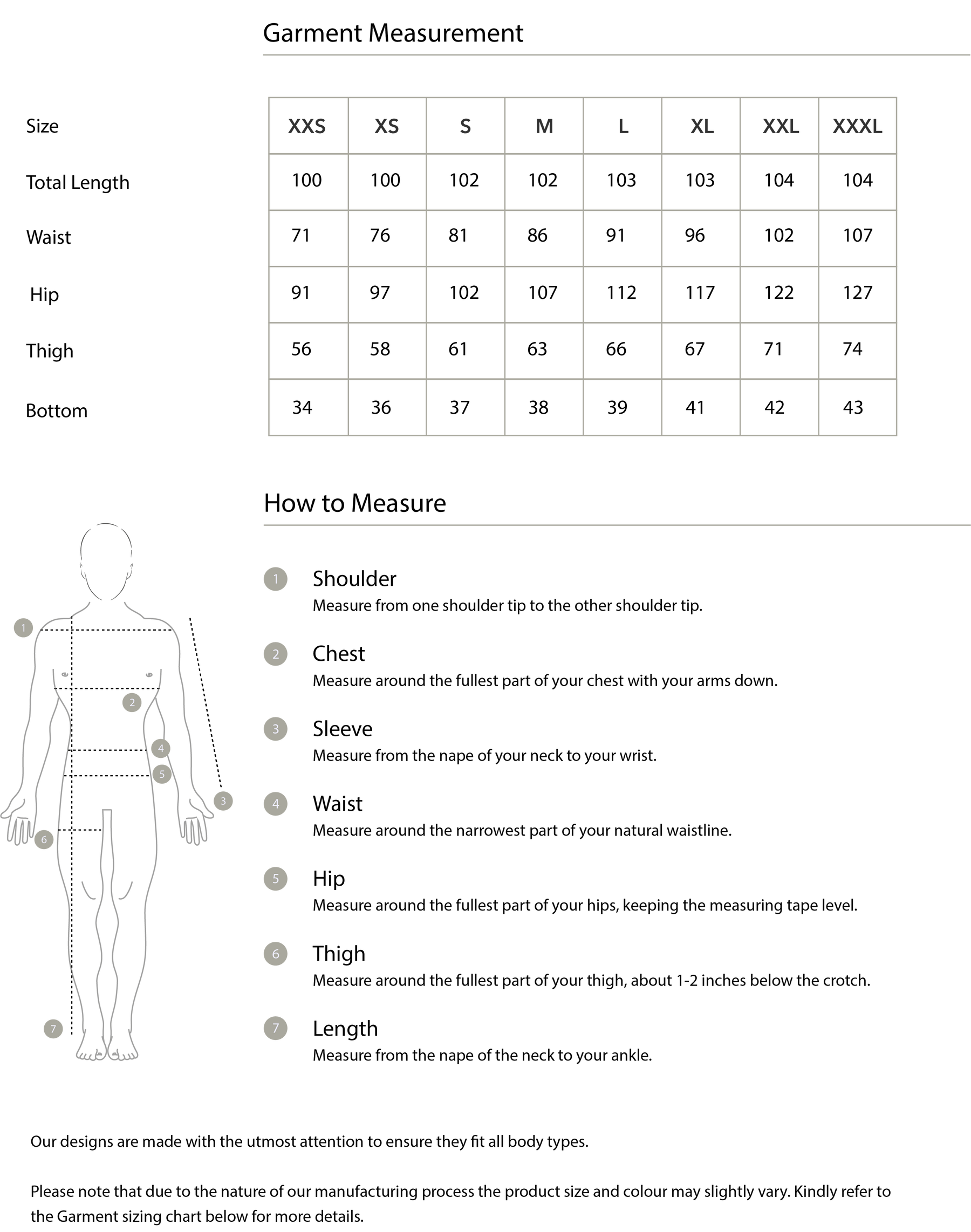 Size chart in centimetres