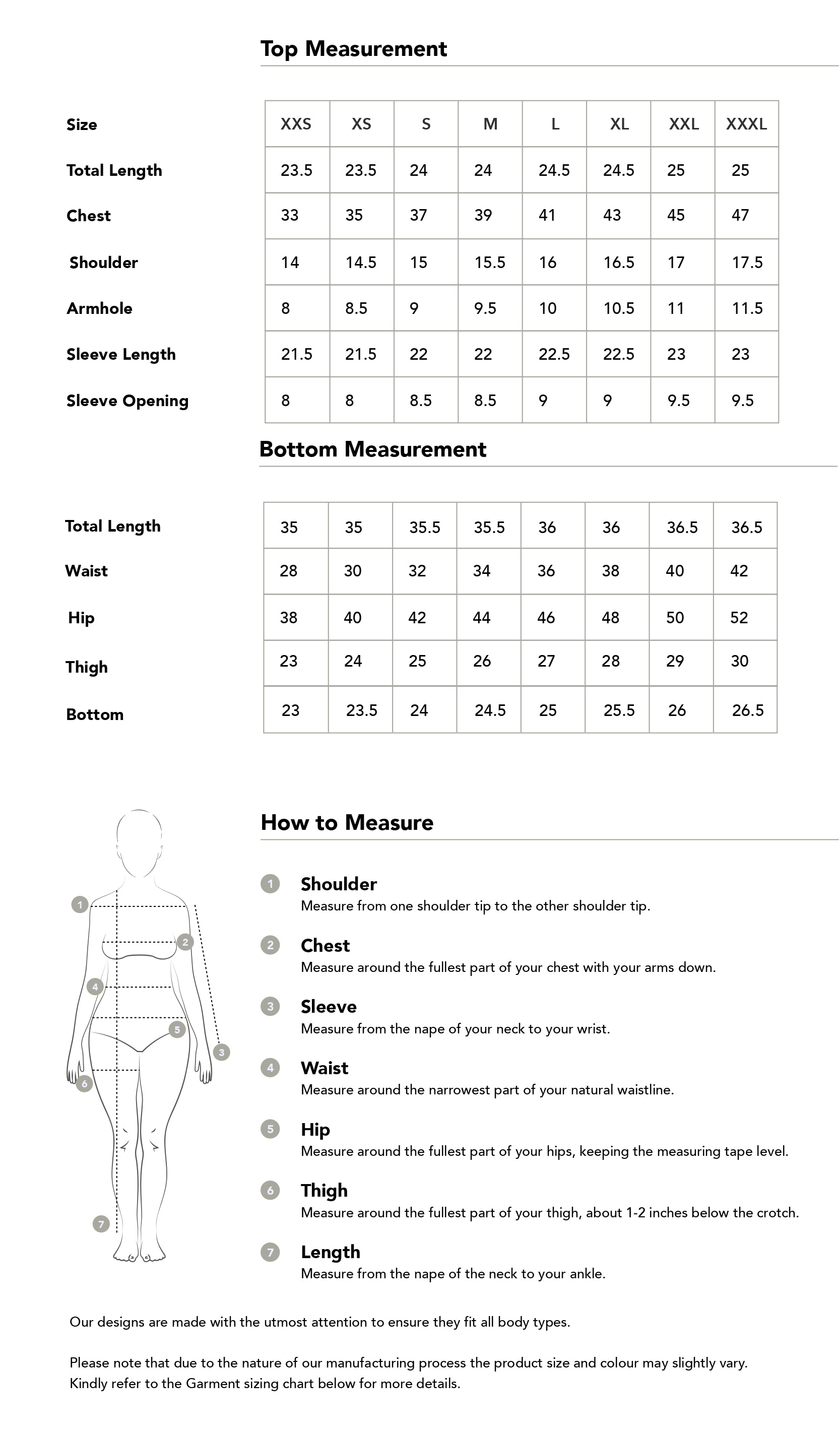 Size chart in inches