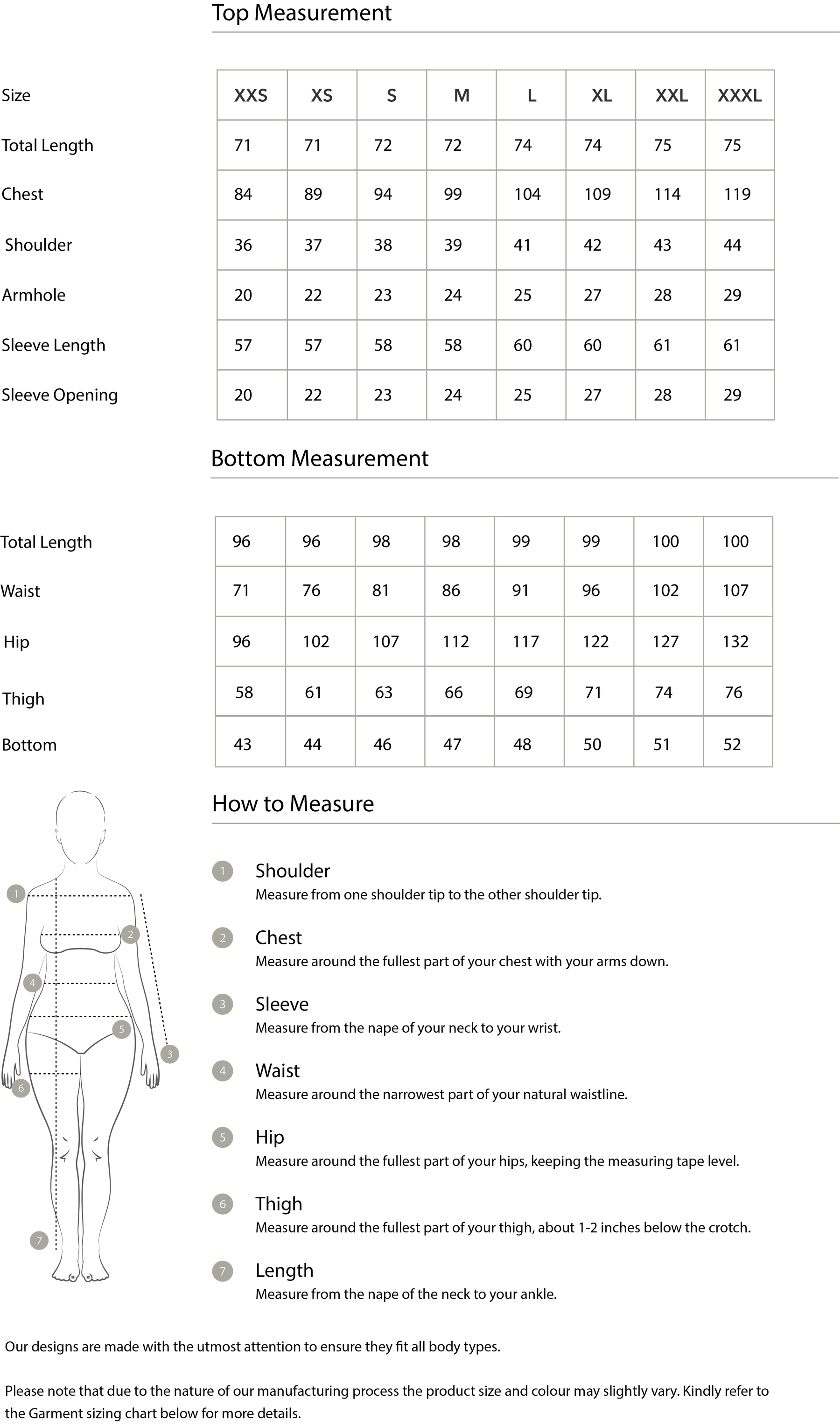 Size chart in centimetres