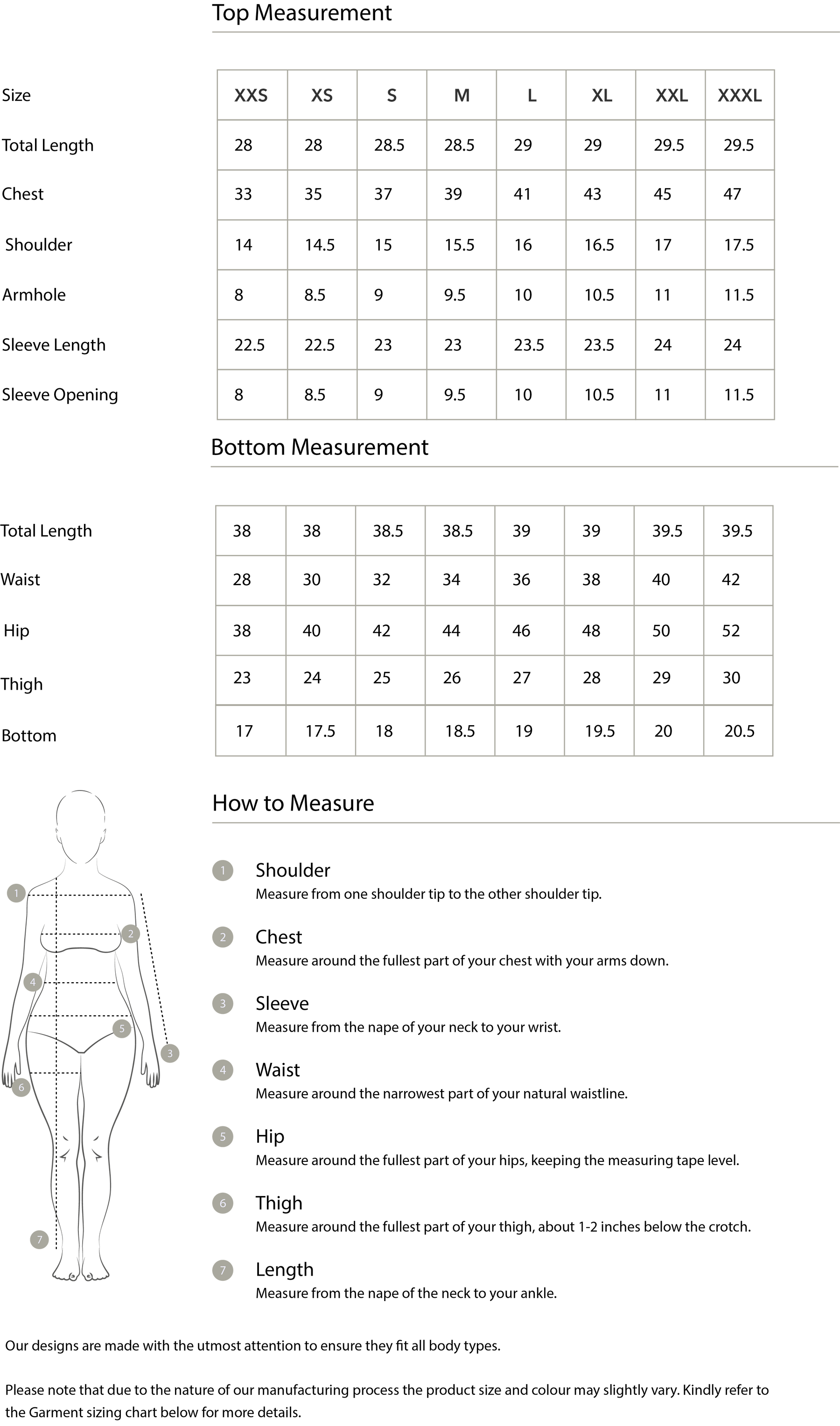 Size chart in inches