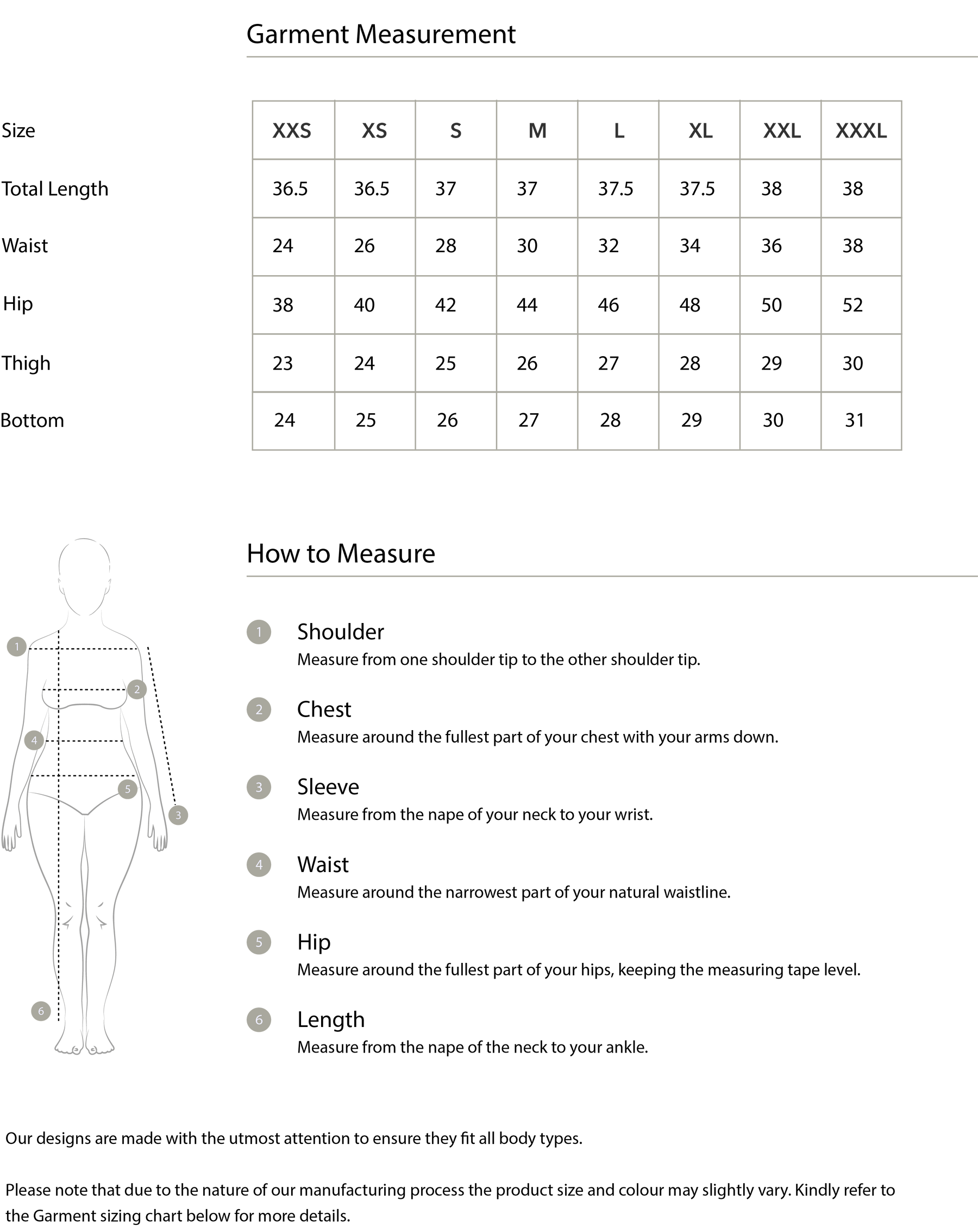 Size chart in inches