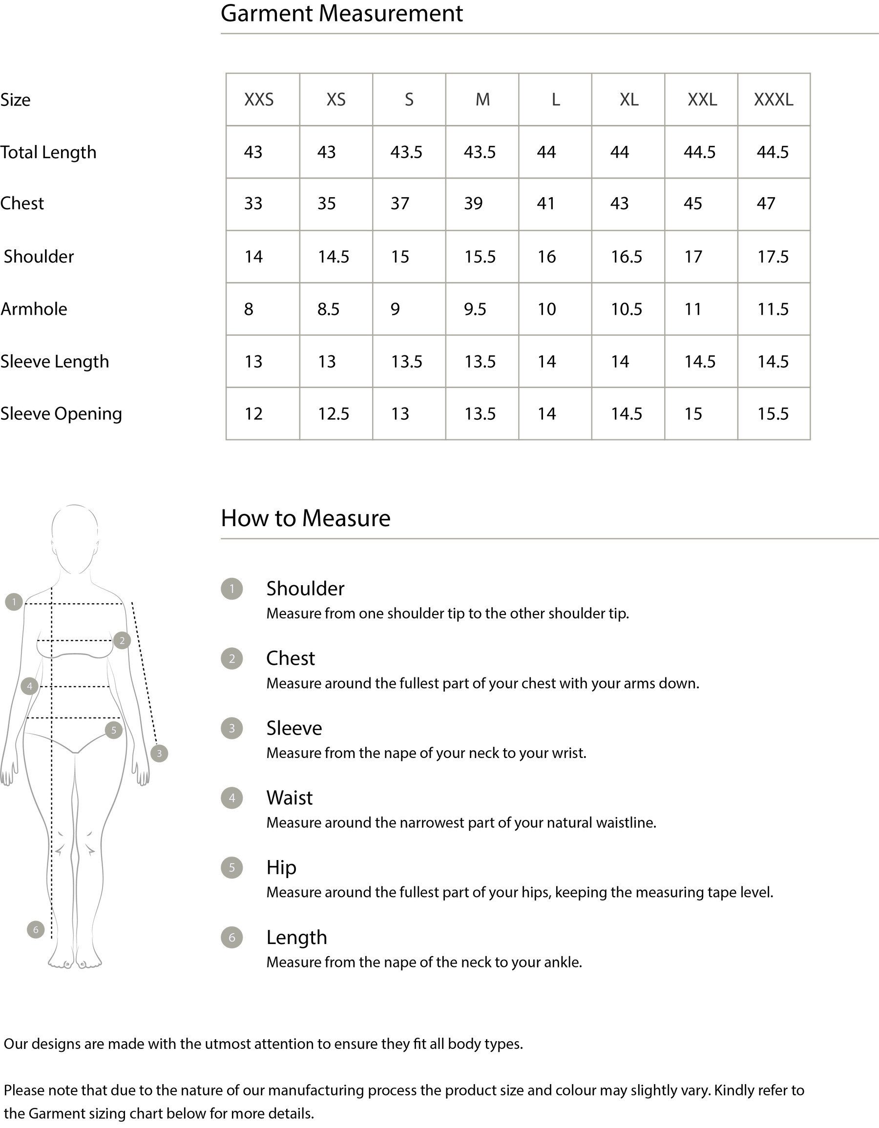 Size chart in inches