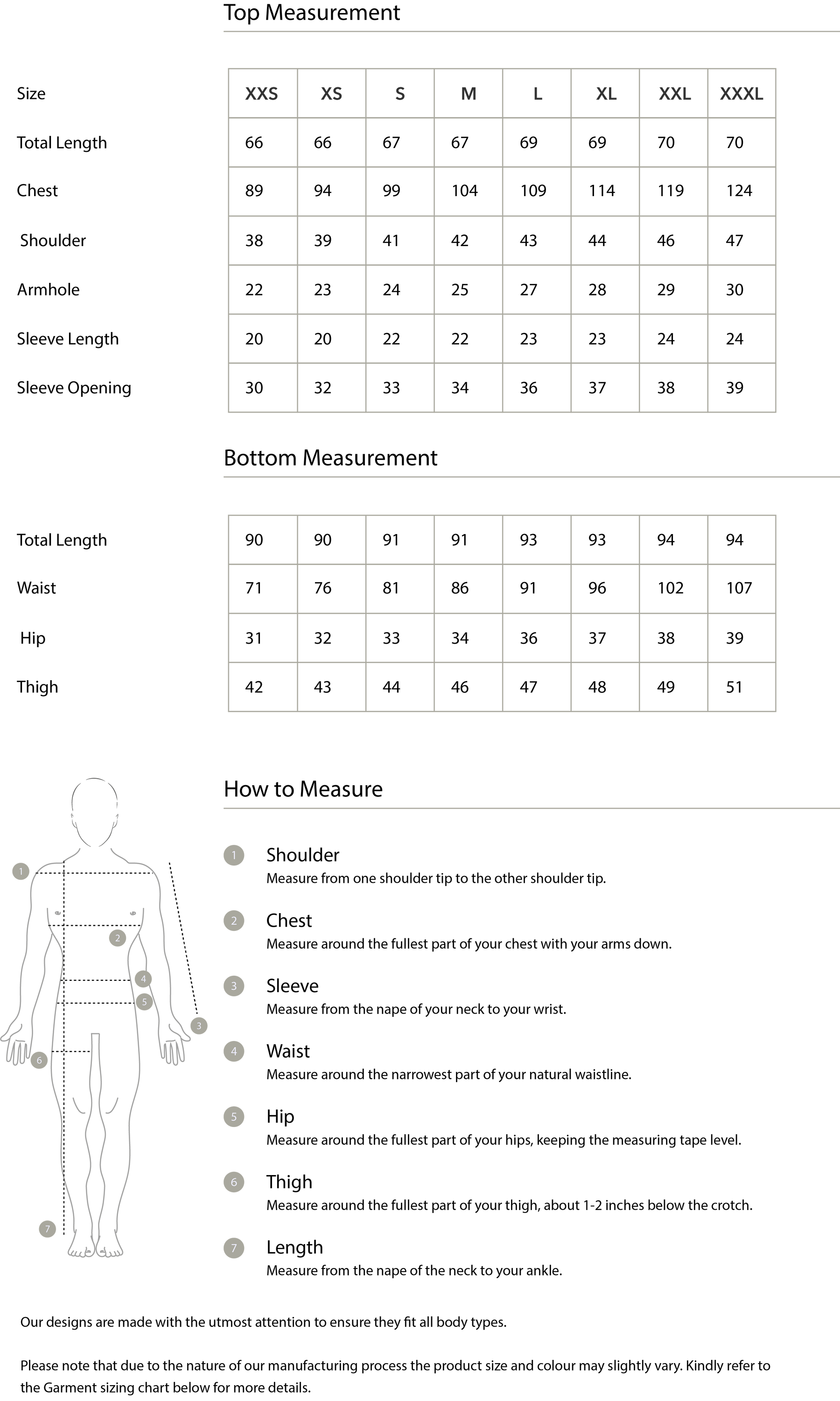 Size chart in centimetres