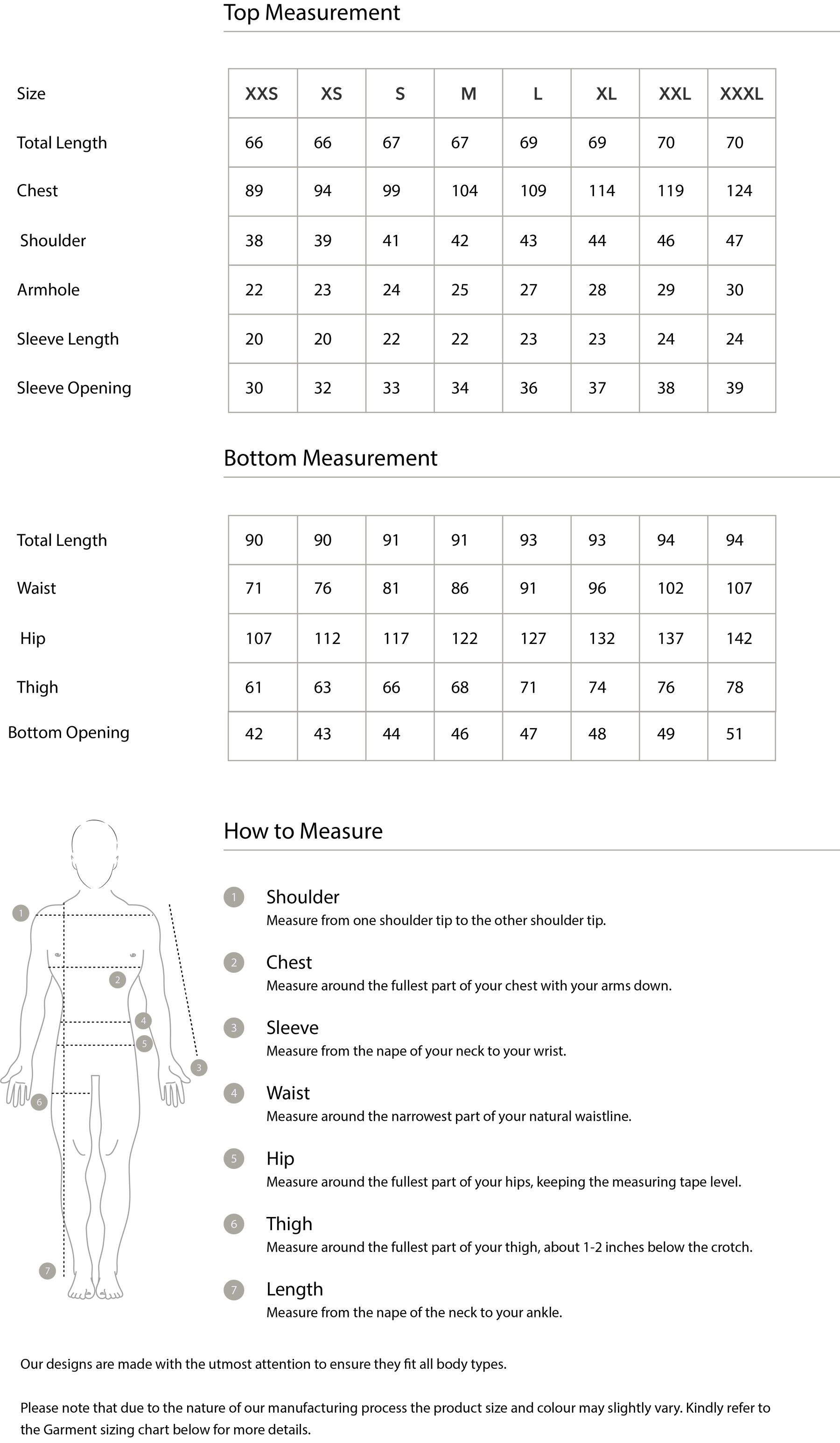 Size chart in centimetres