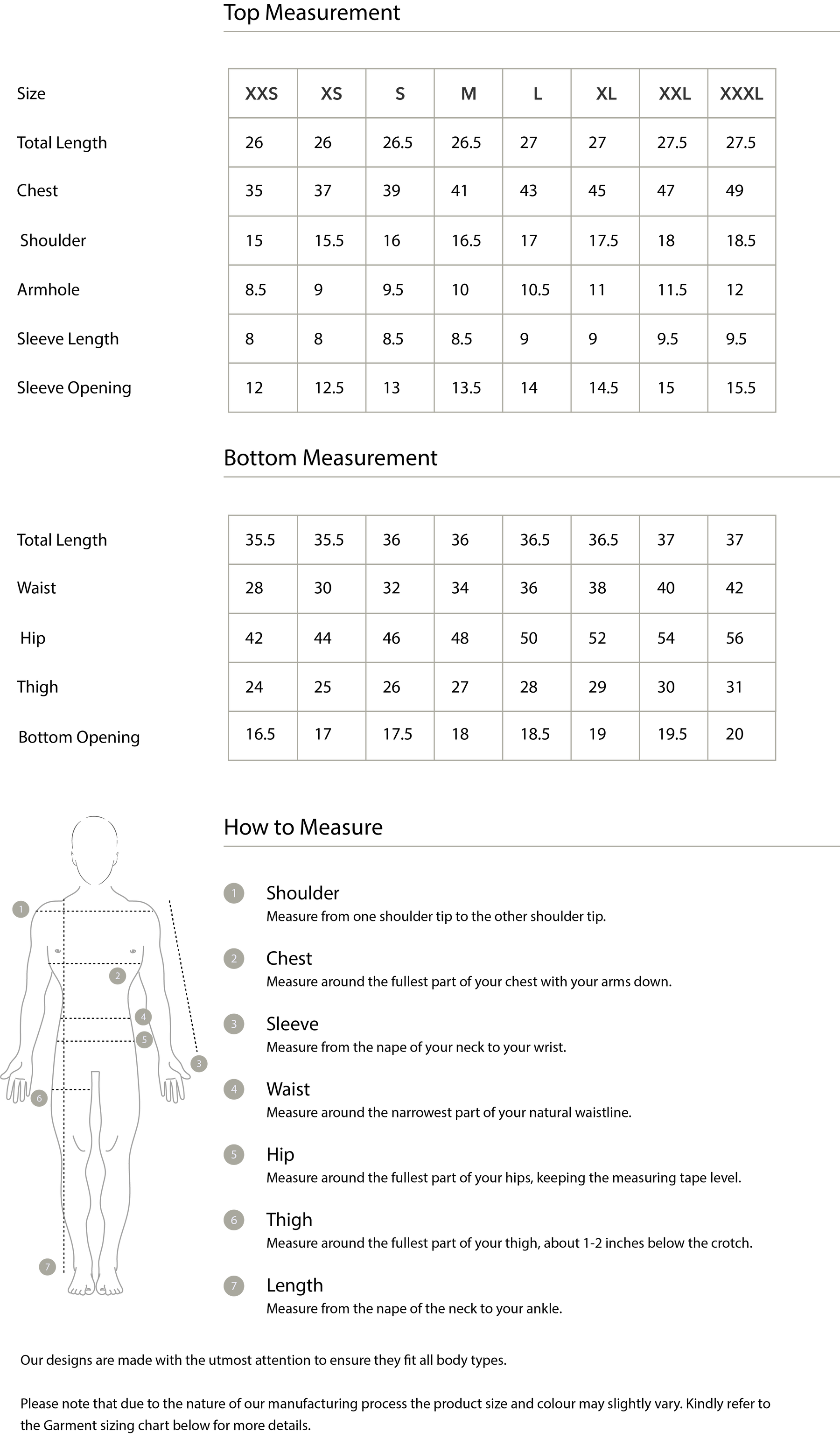Size chart in inches