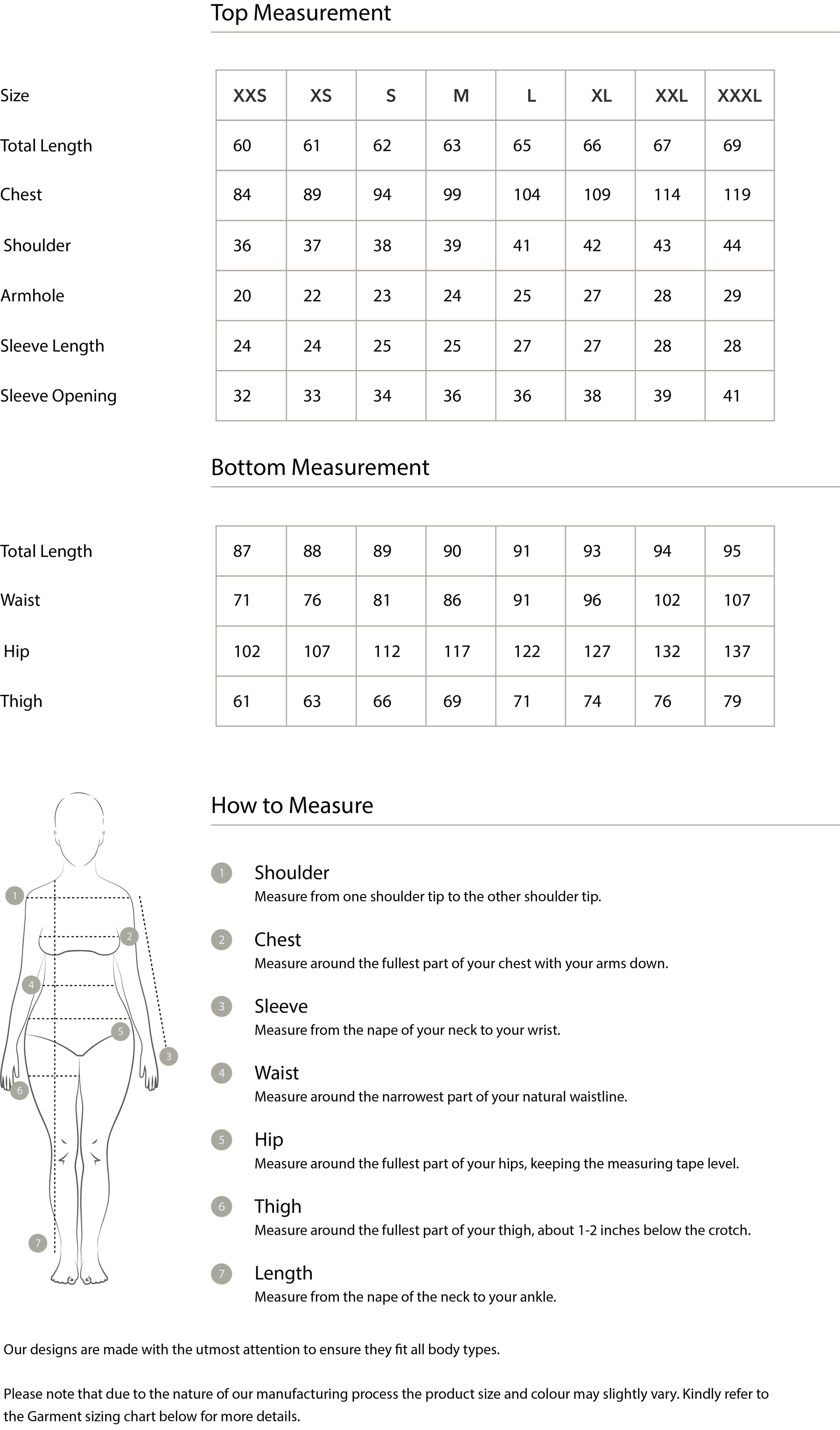 Size chart in centimetres
