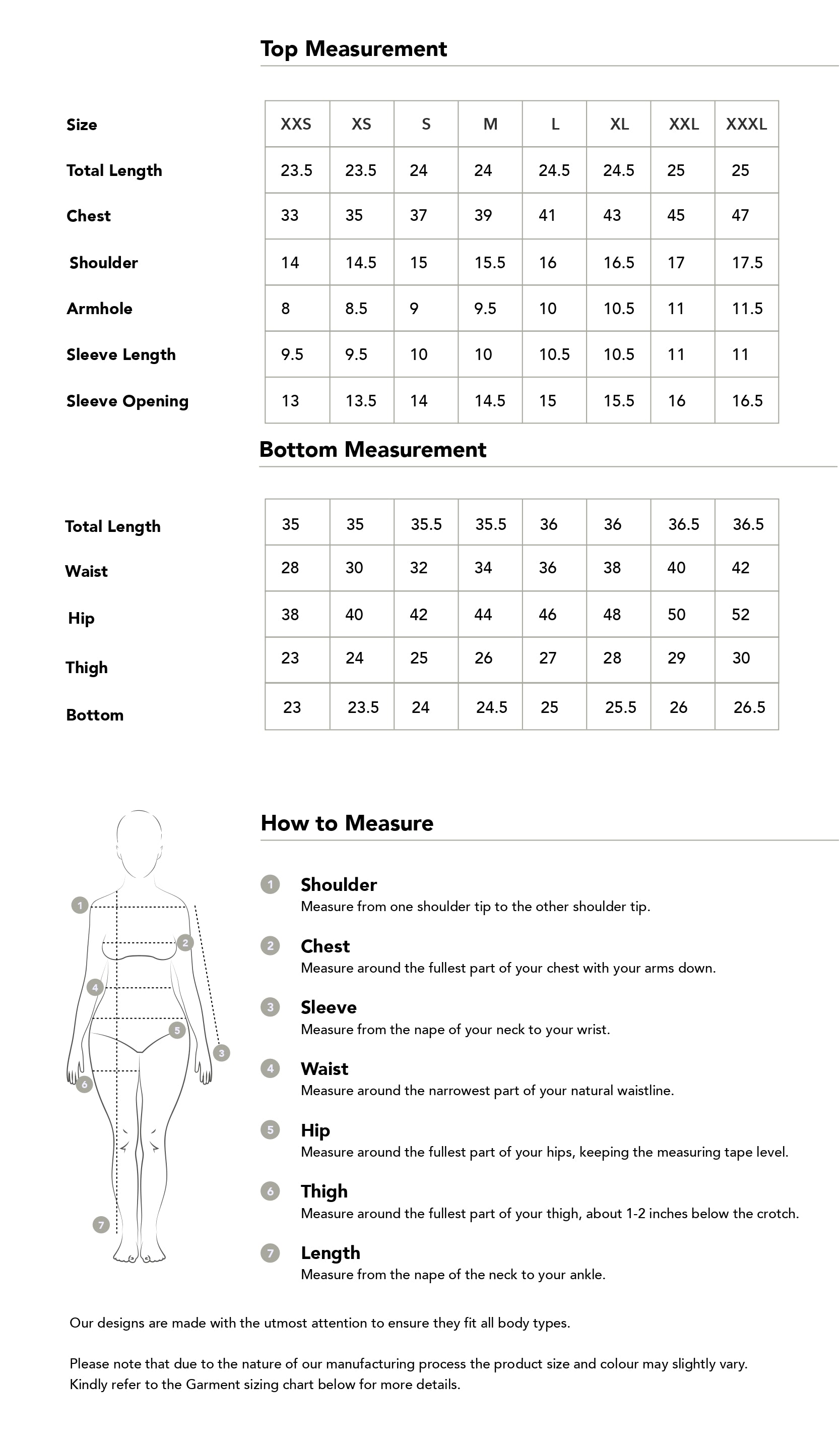 Size chart in inches