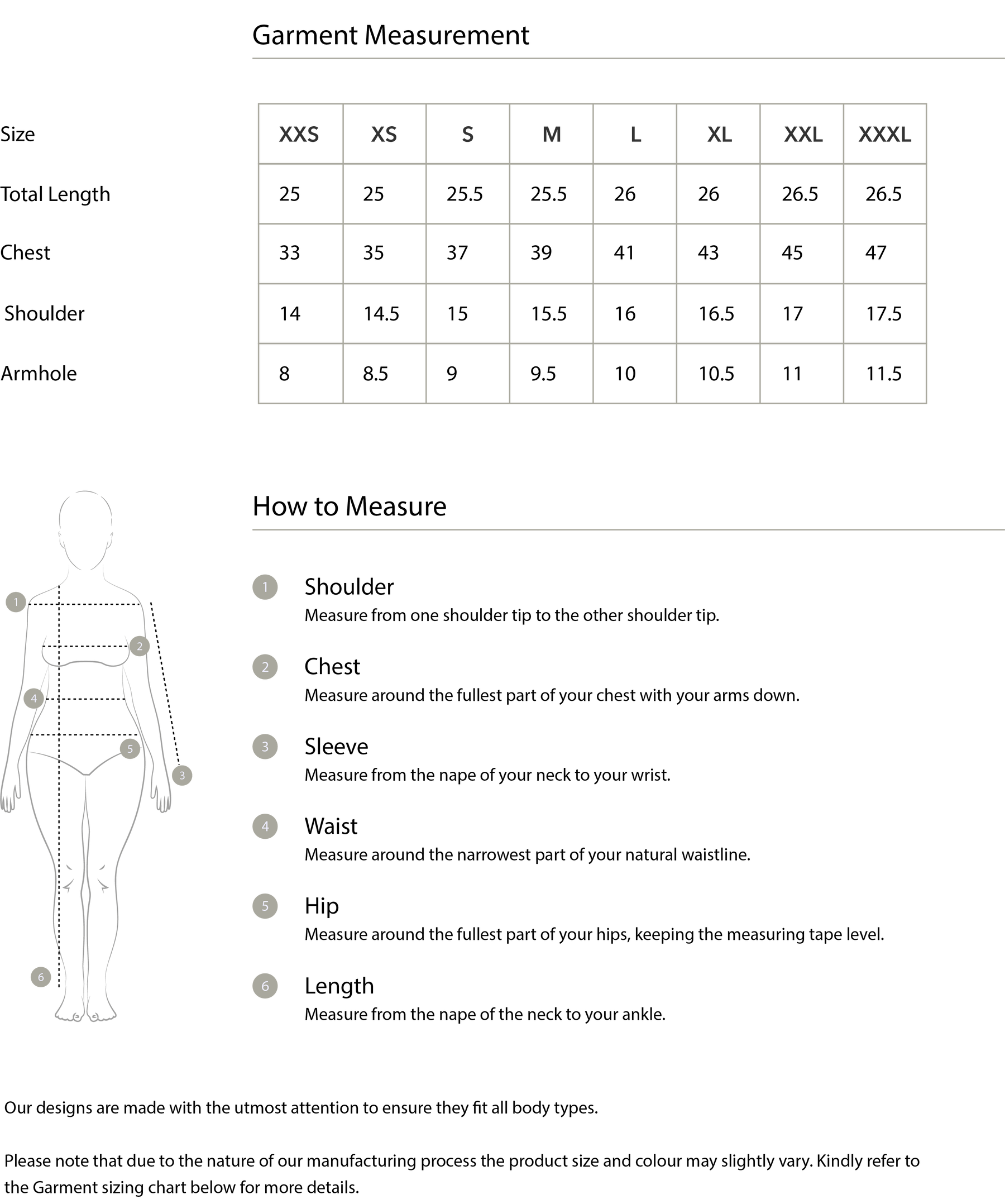 Size chart in inches