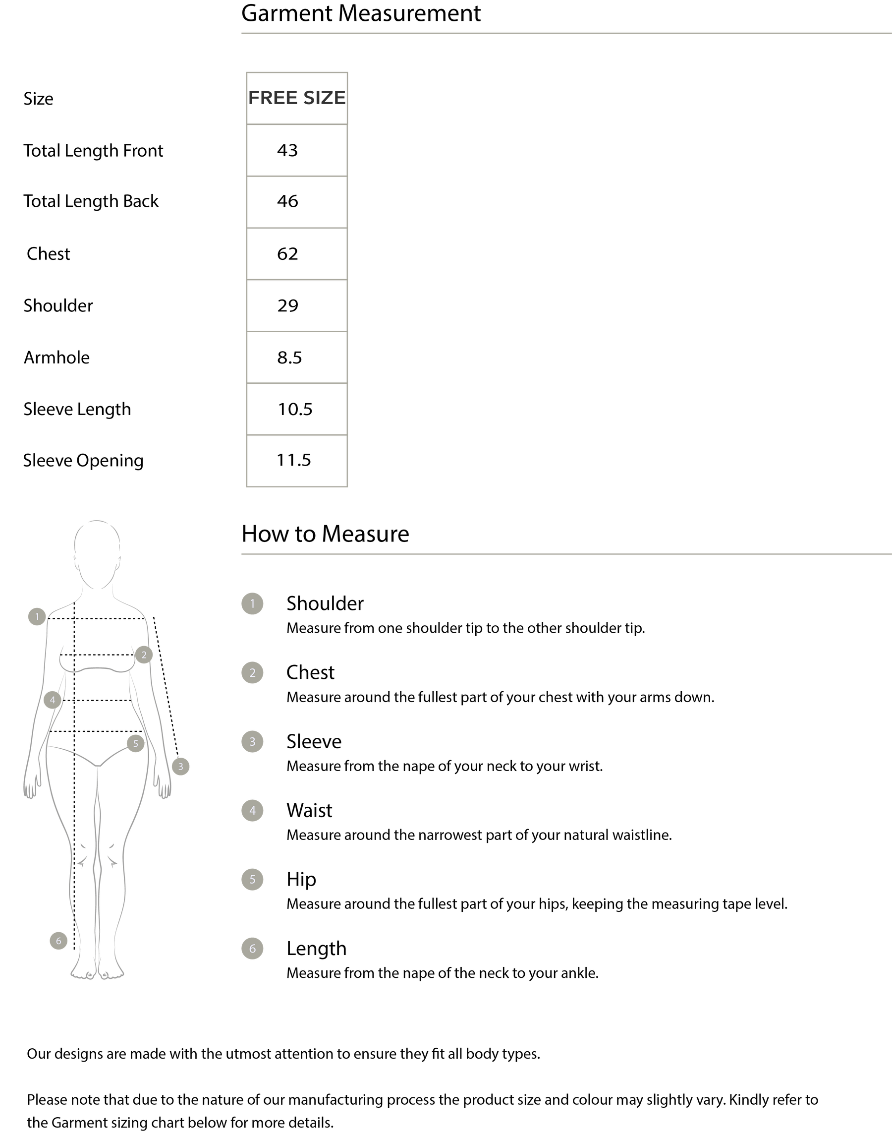 Size chart in inches