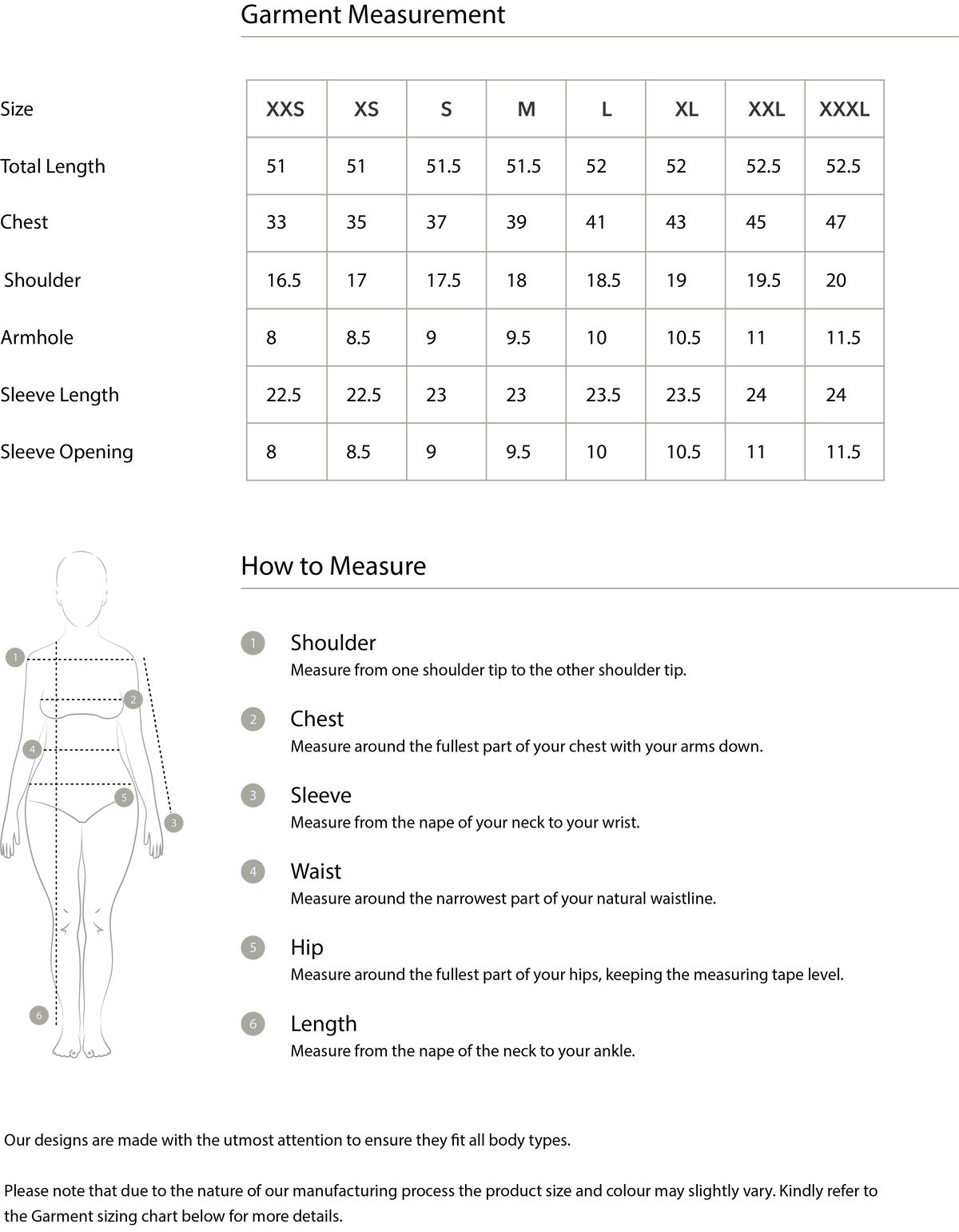 Size chart in inches