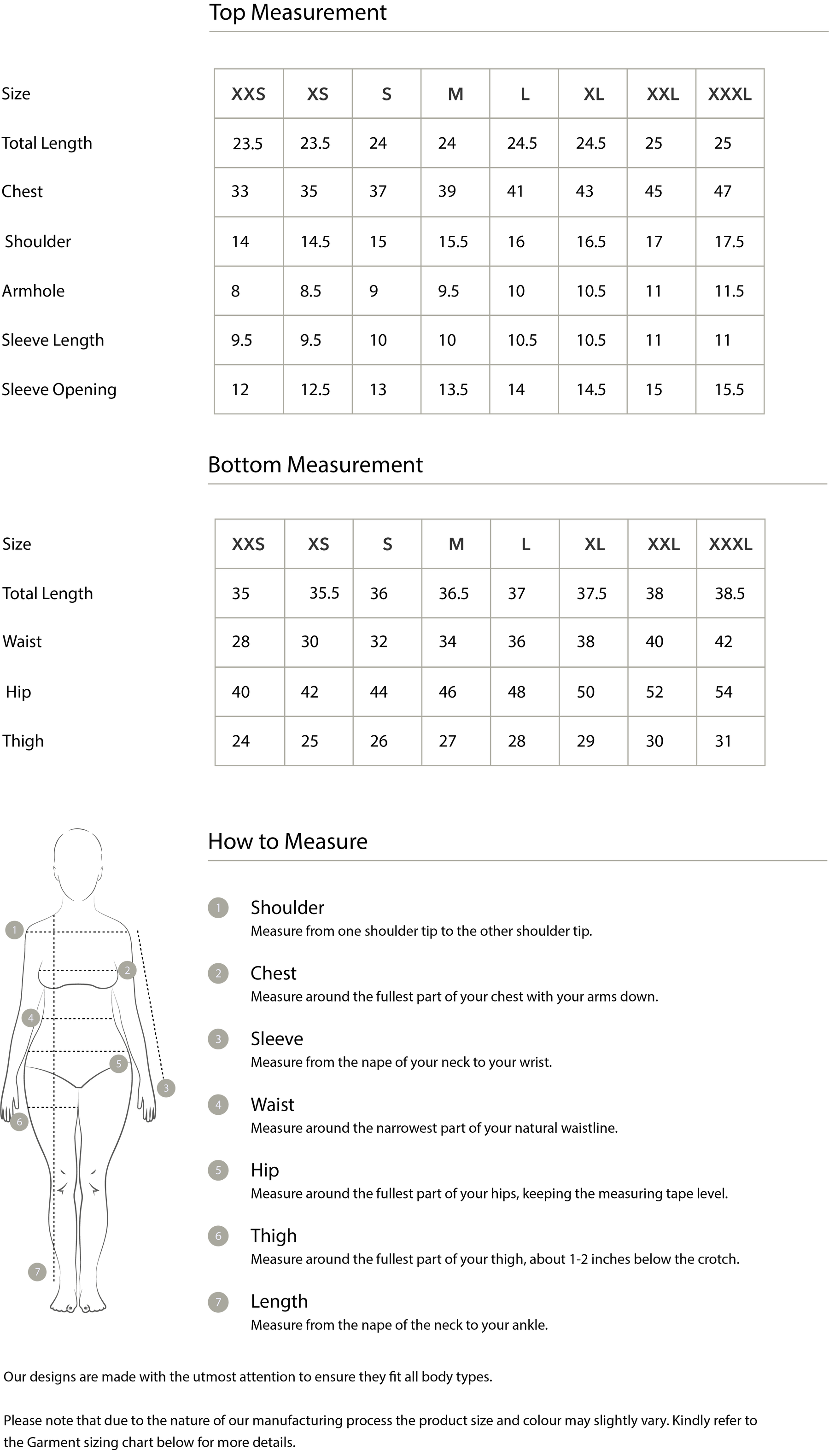 Size chart in inches