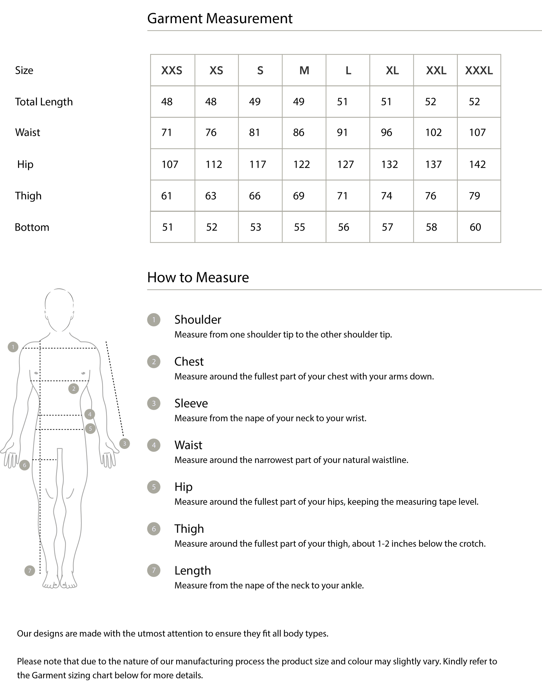 Size chart in centimetres