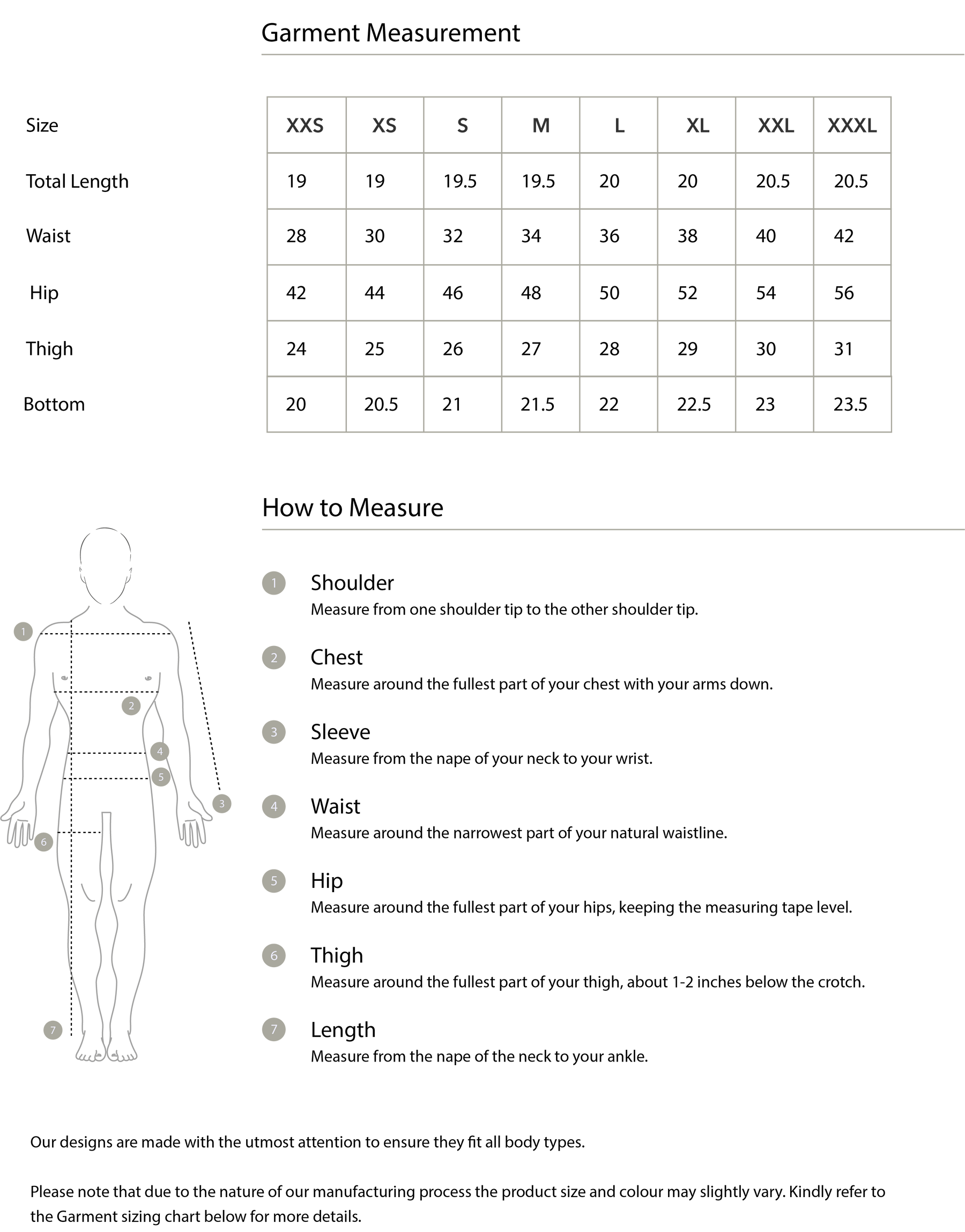 Size chart in inches