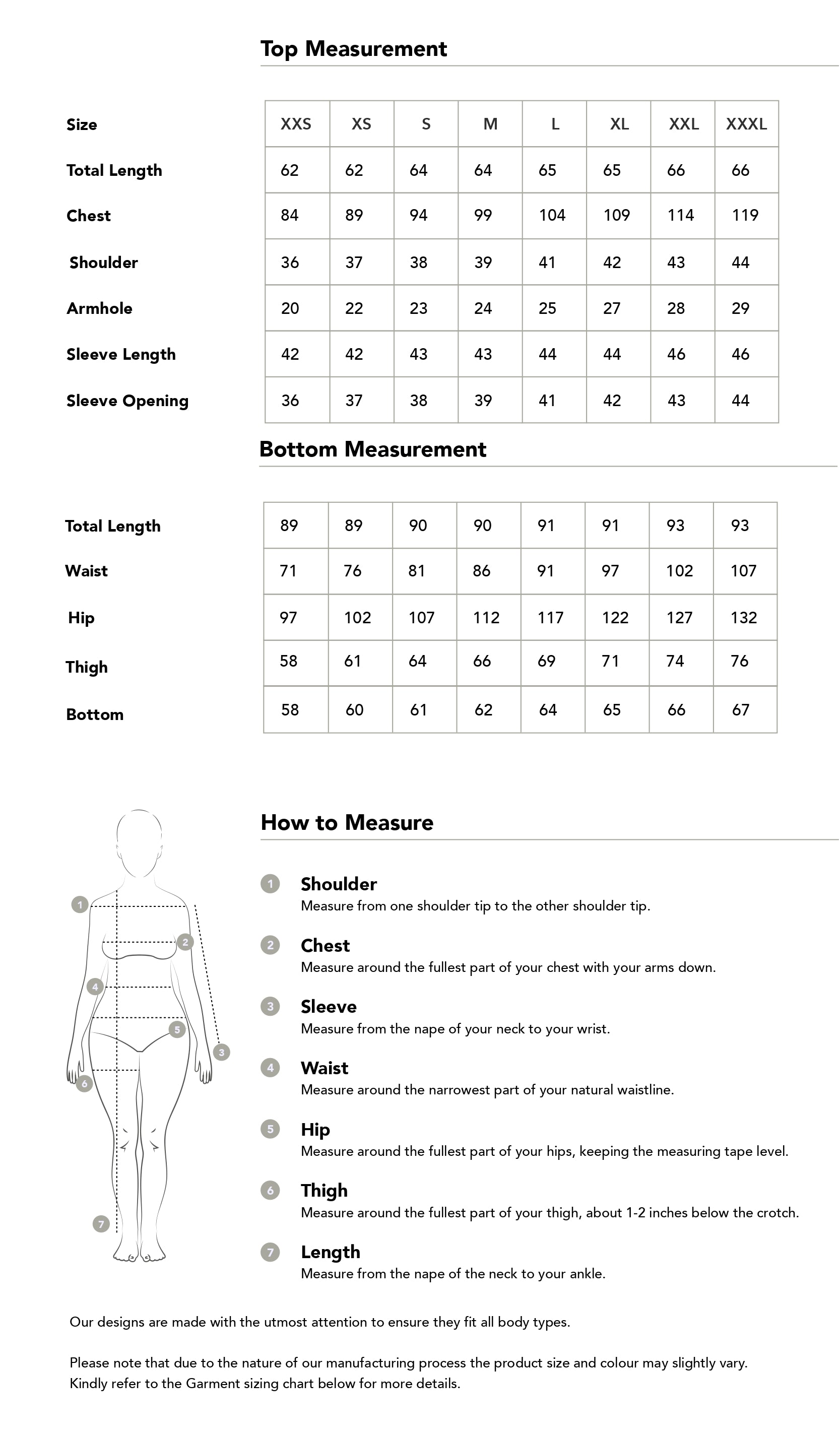 Size chart in centimetres