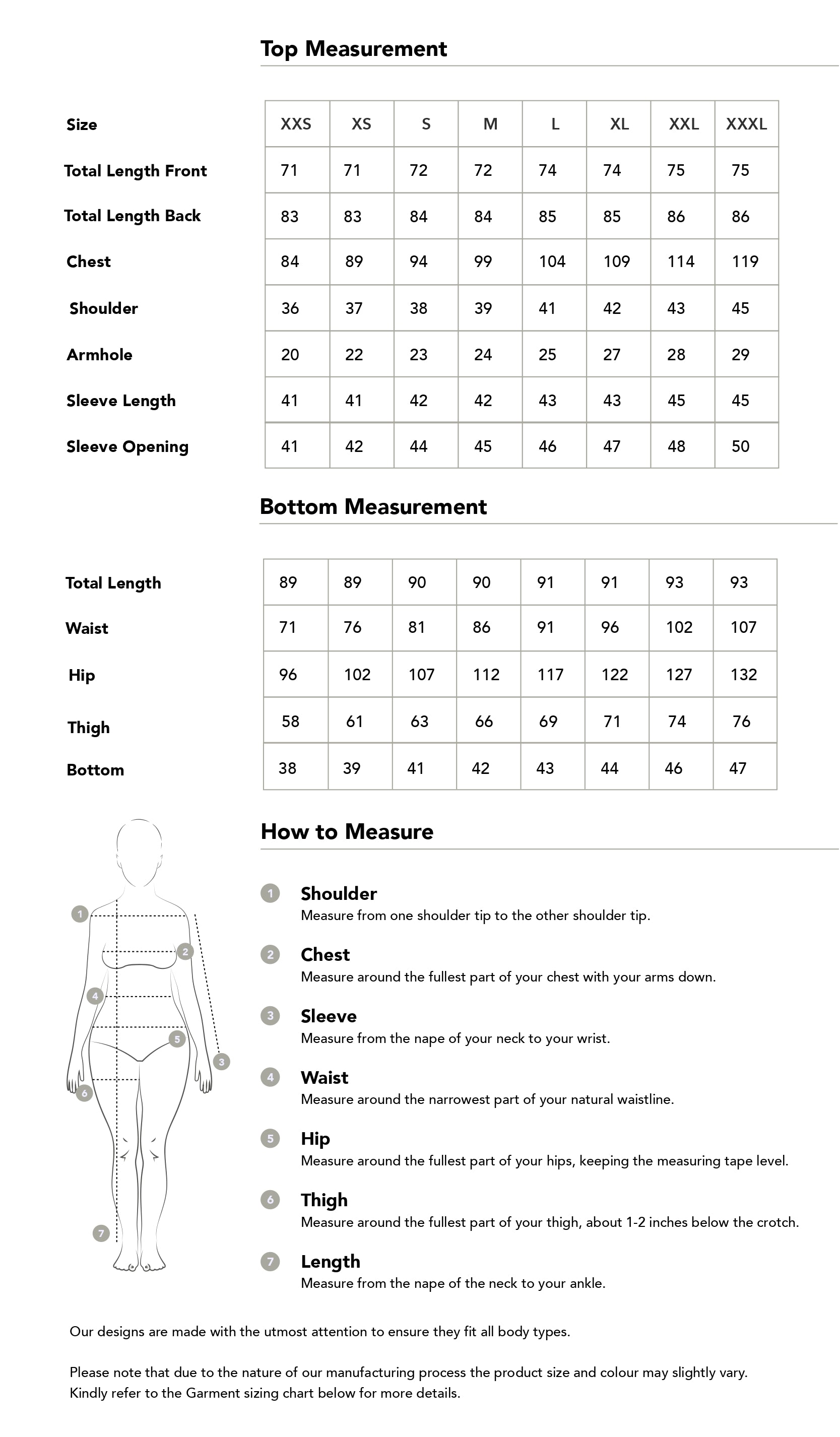 Size chart in centimetres