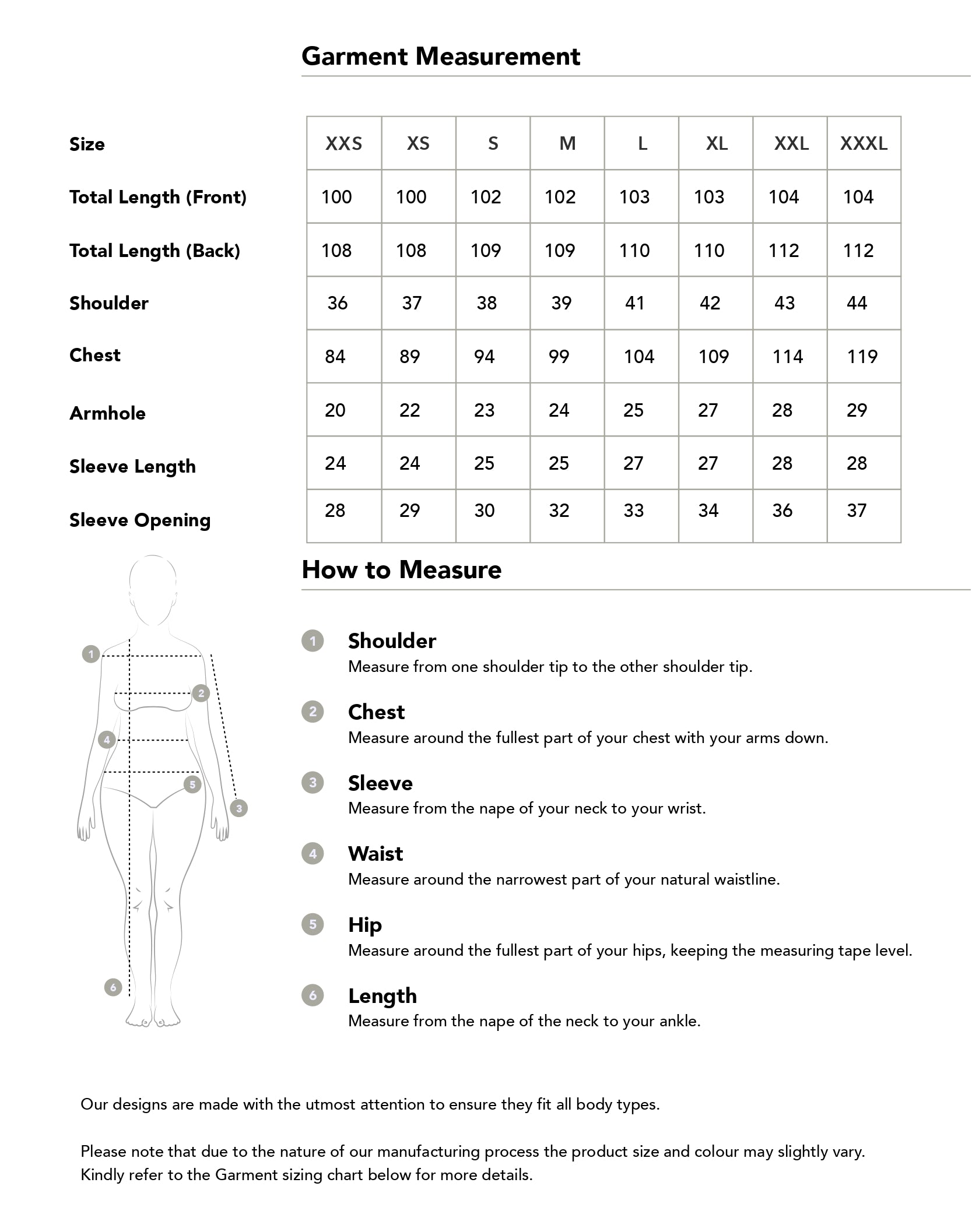 Size chart in centimetres