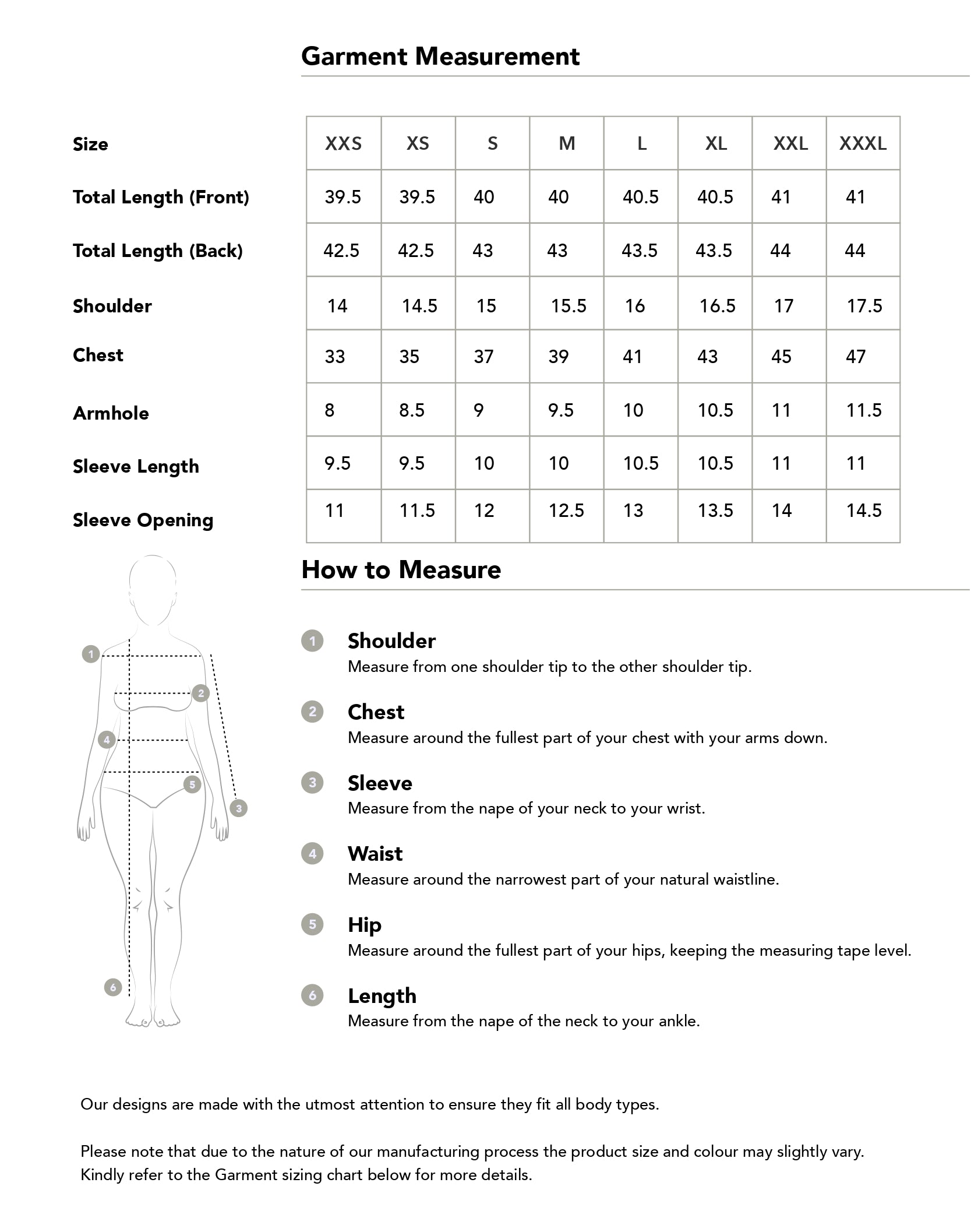 Size chart in inches