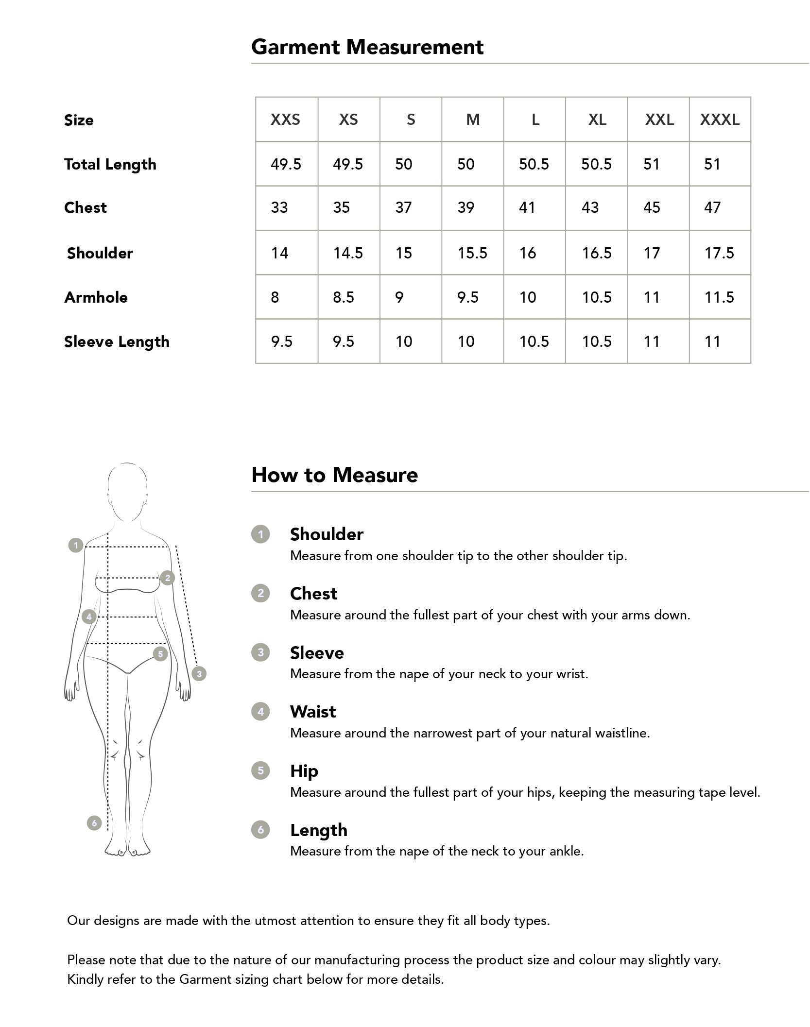 Size chart in inches