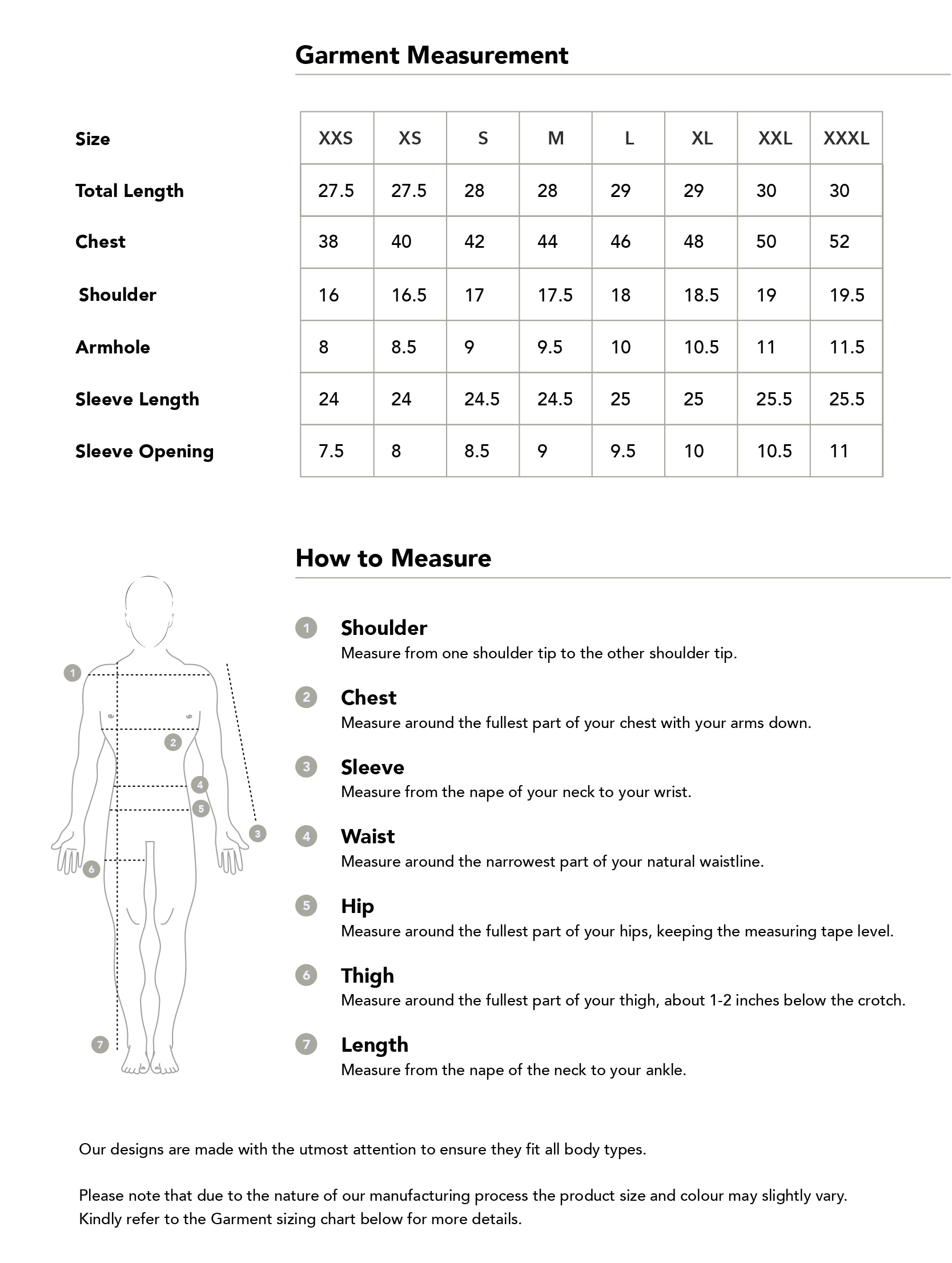 Size chart in inches