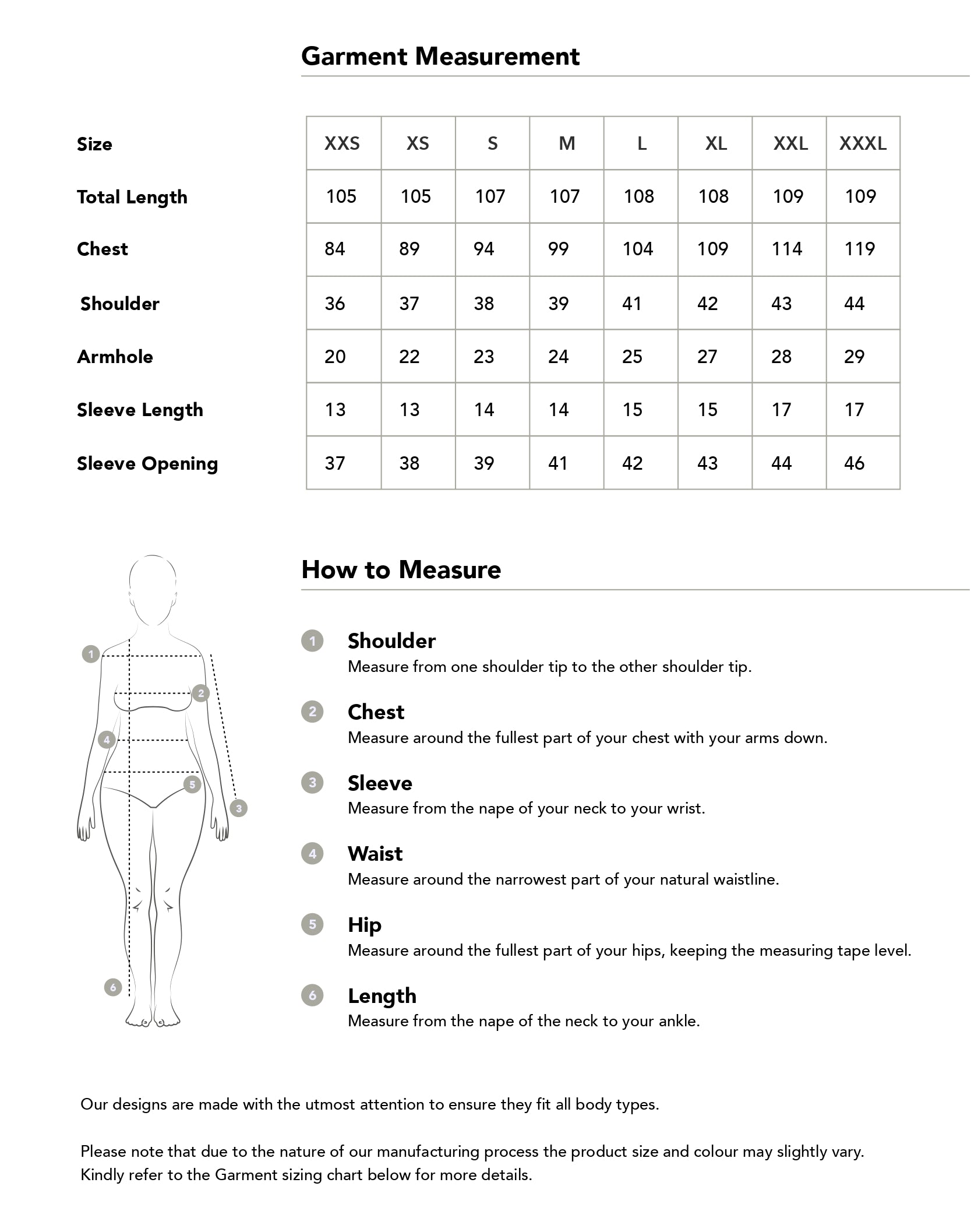 Size chart in centimetres