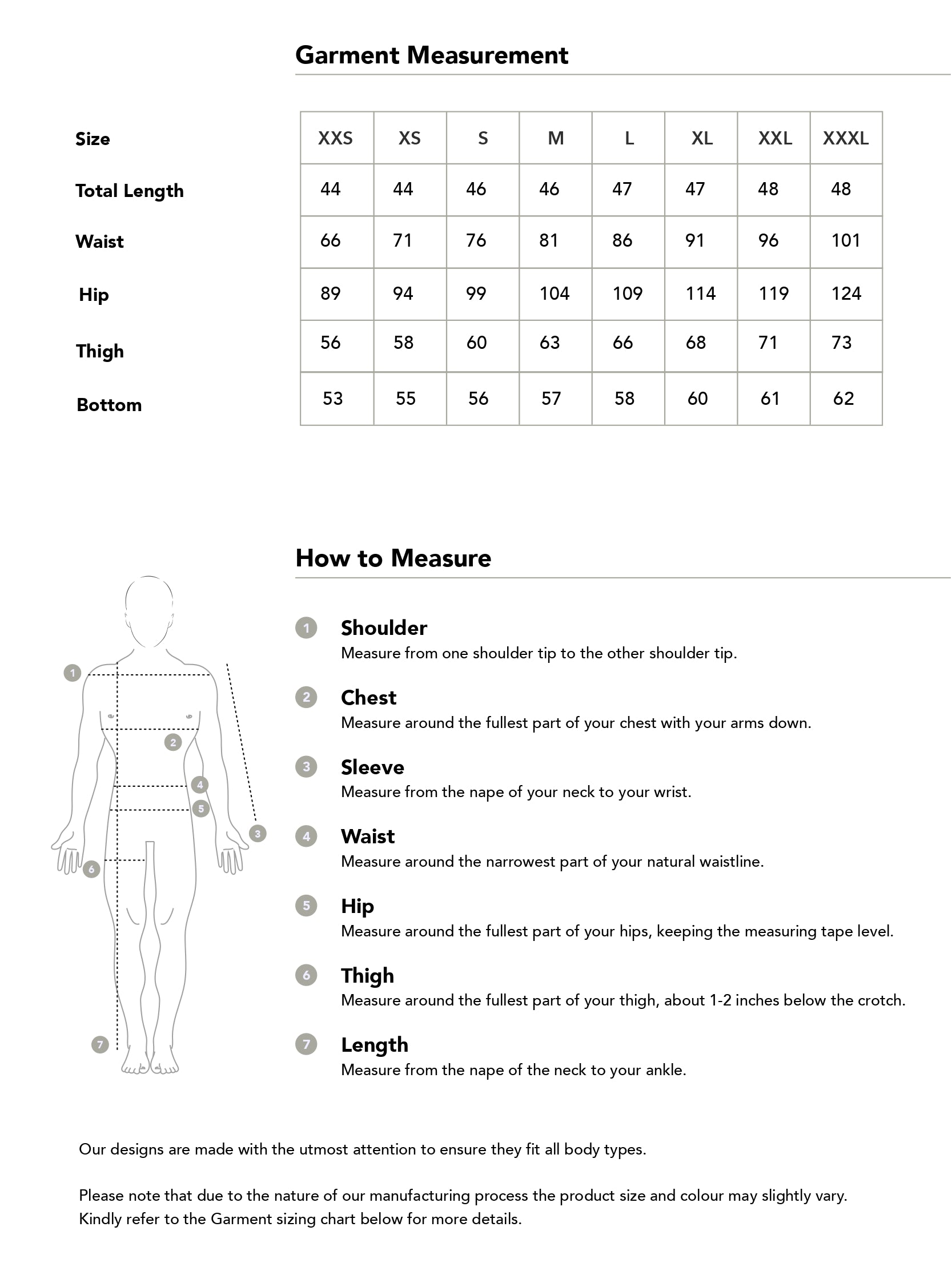 Size chart in centimetres