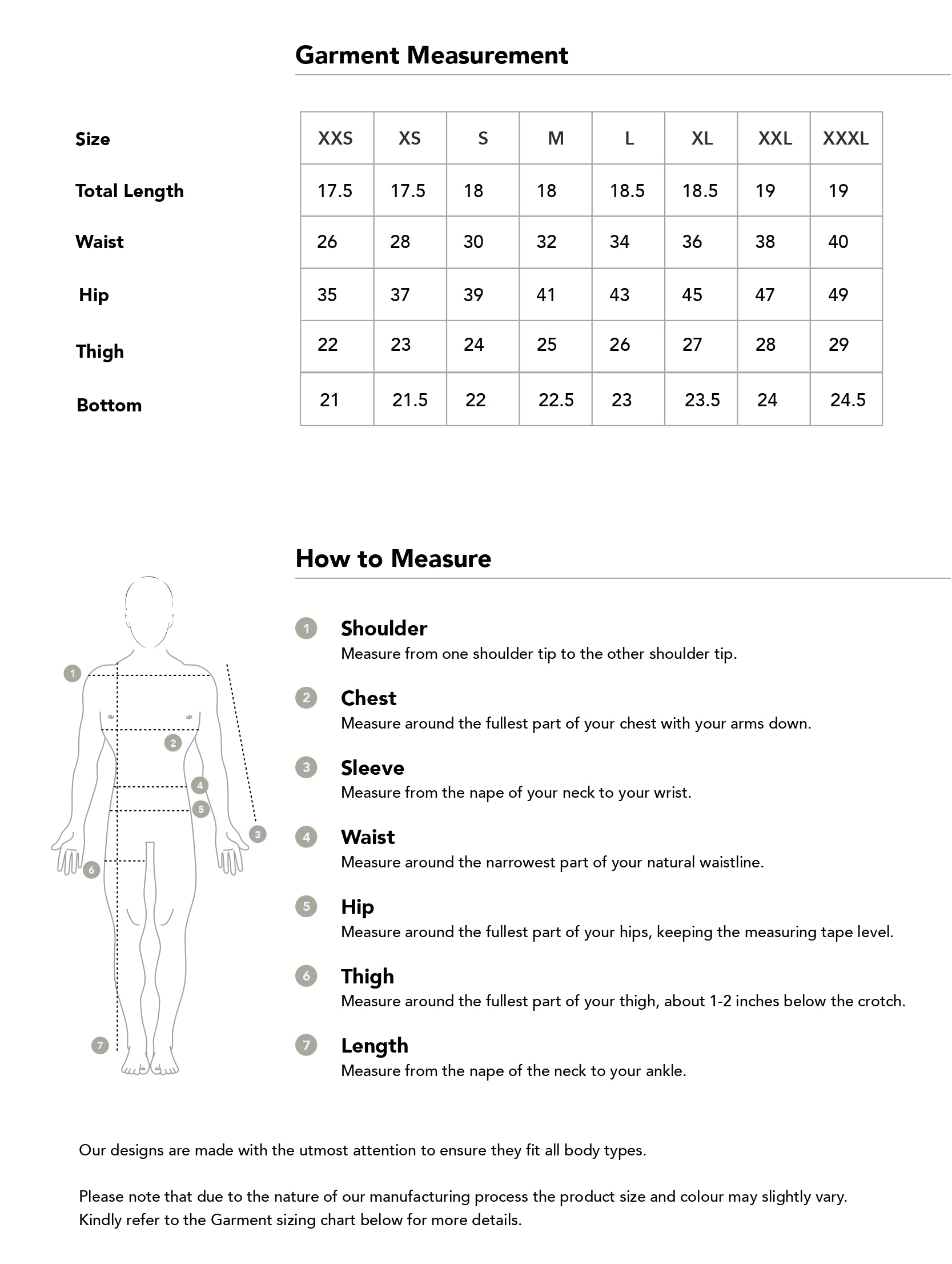 Size chart in inches
