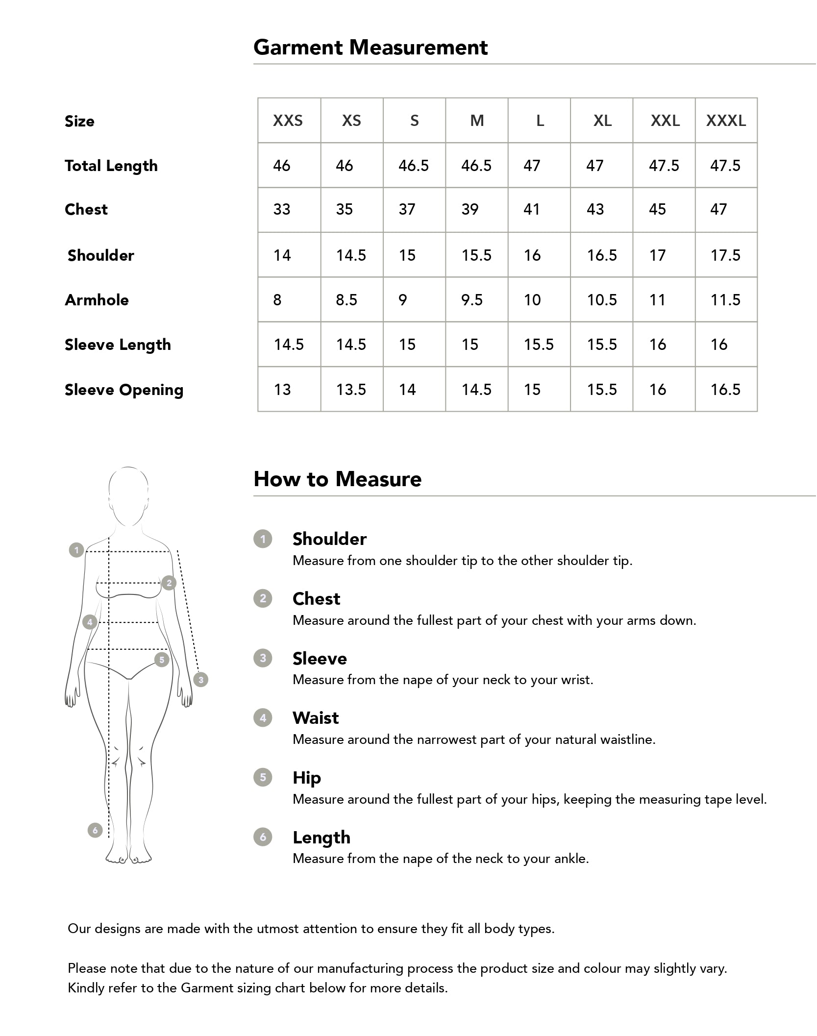 Size chart in inches