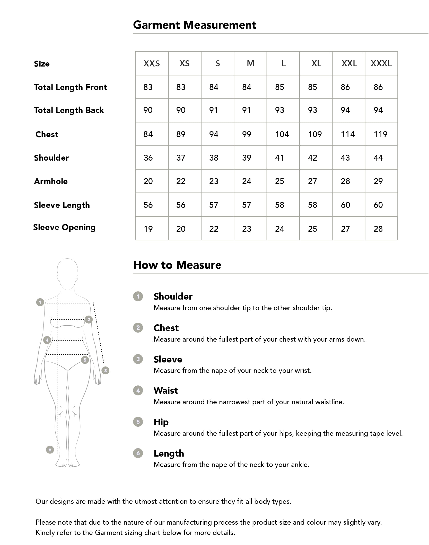 Size chart in centimetres