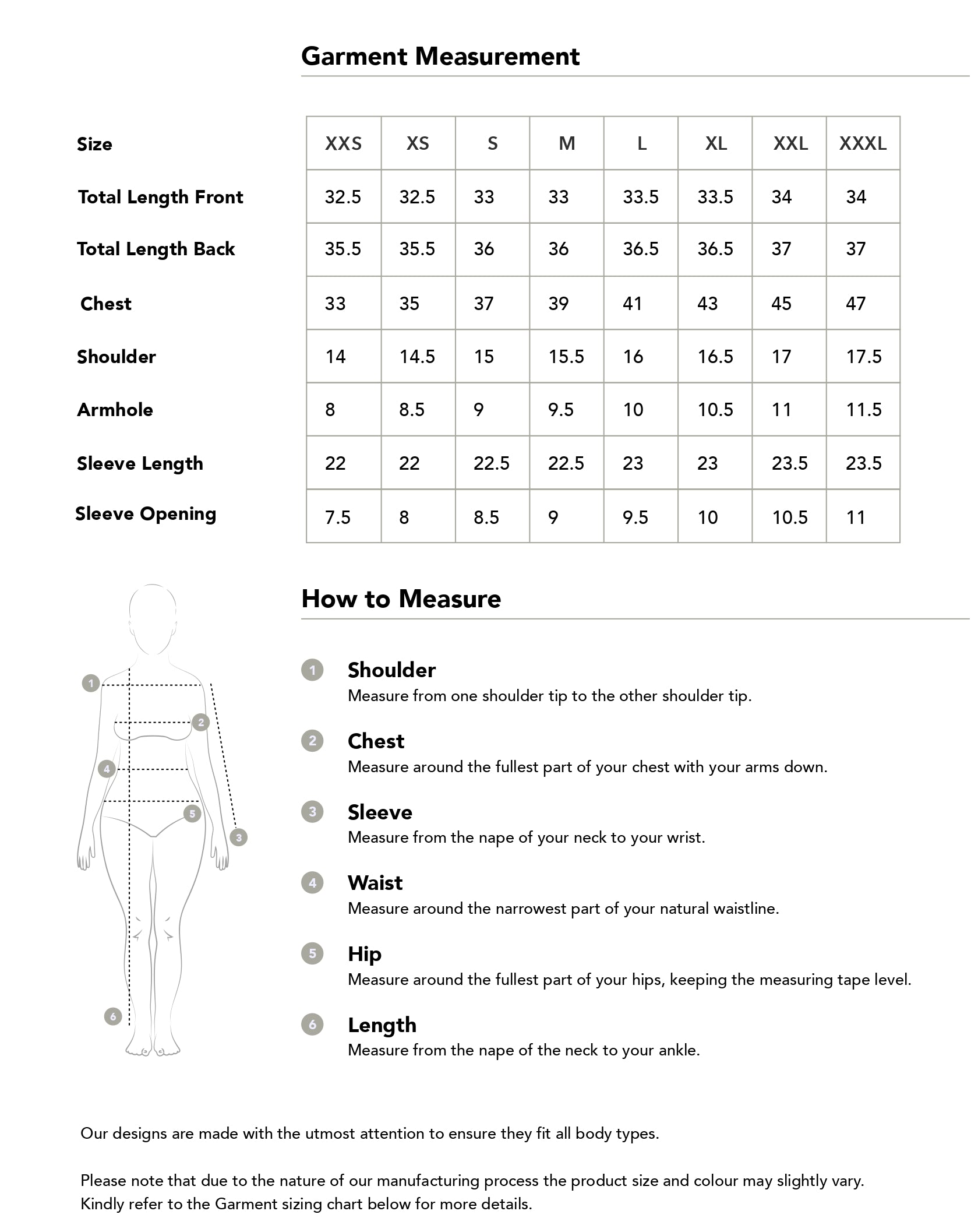 Size chart in inches