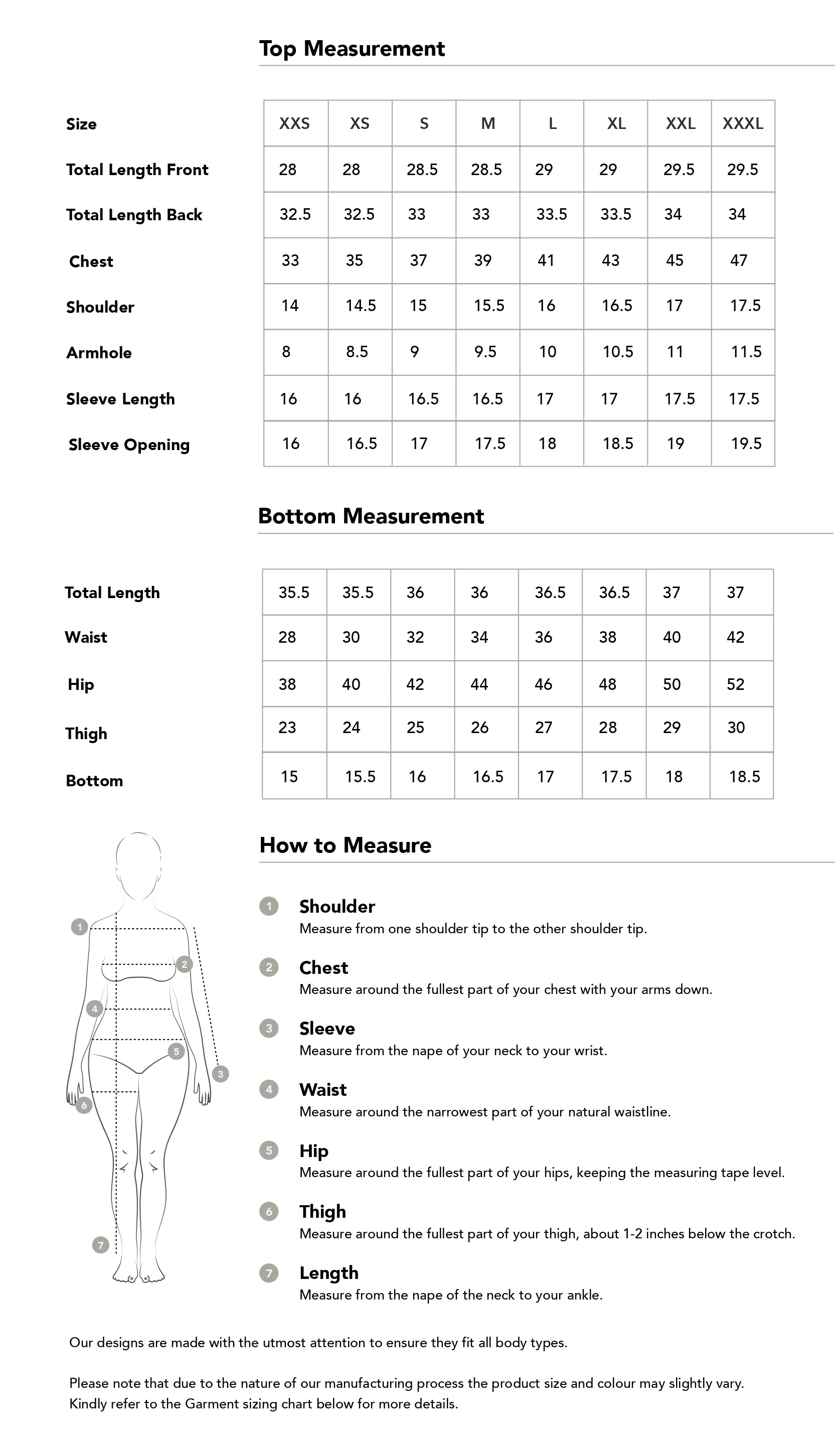 Size chart in inches