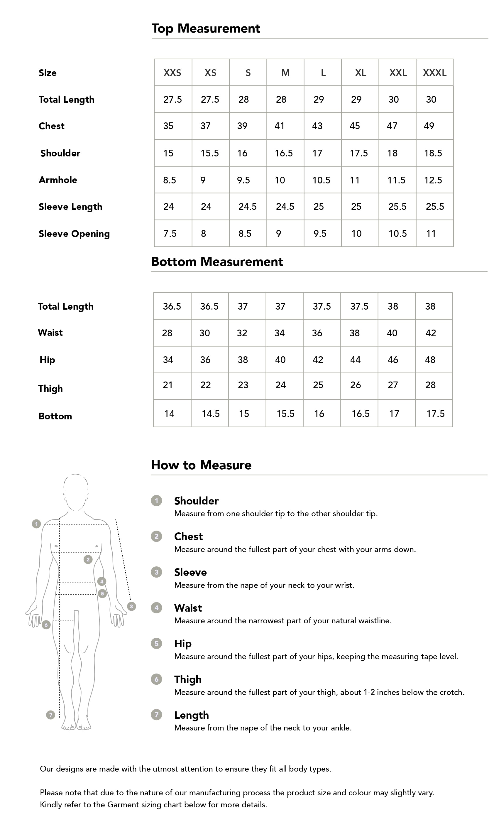 Size chart in inches