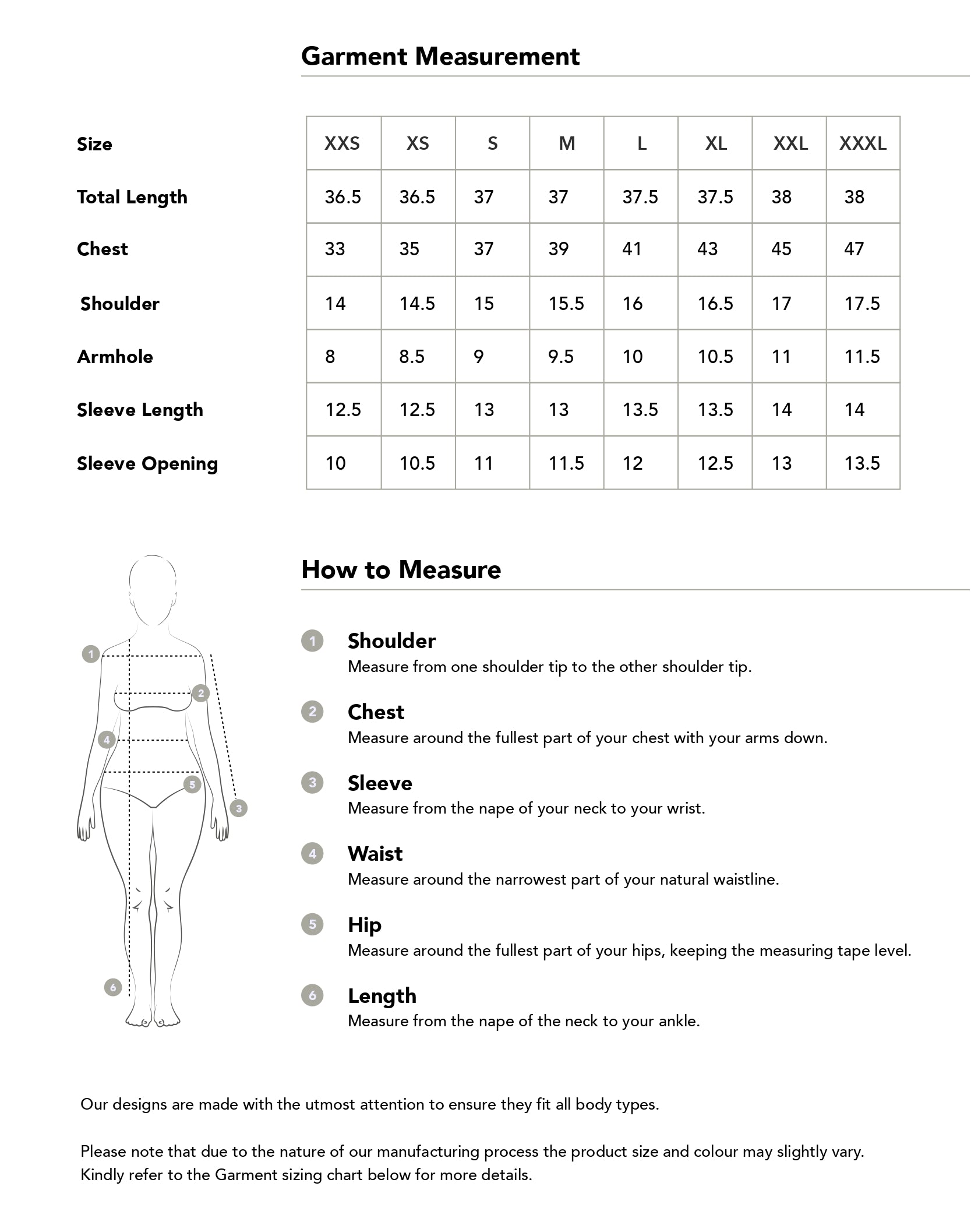 Size chart in inches