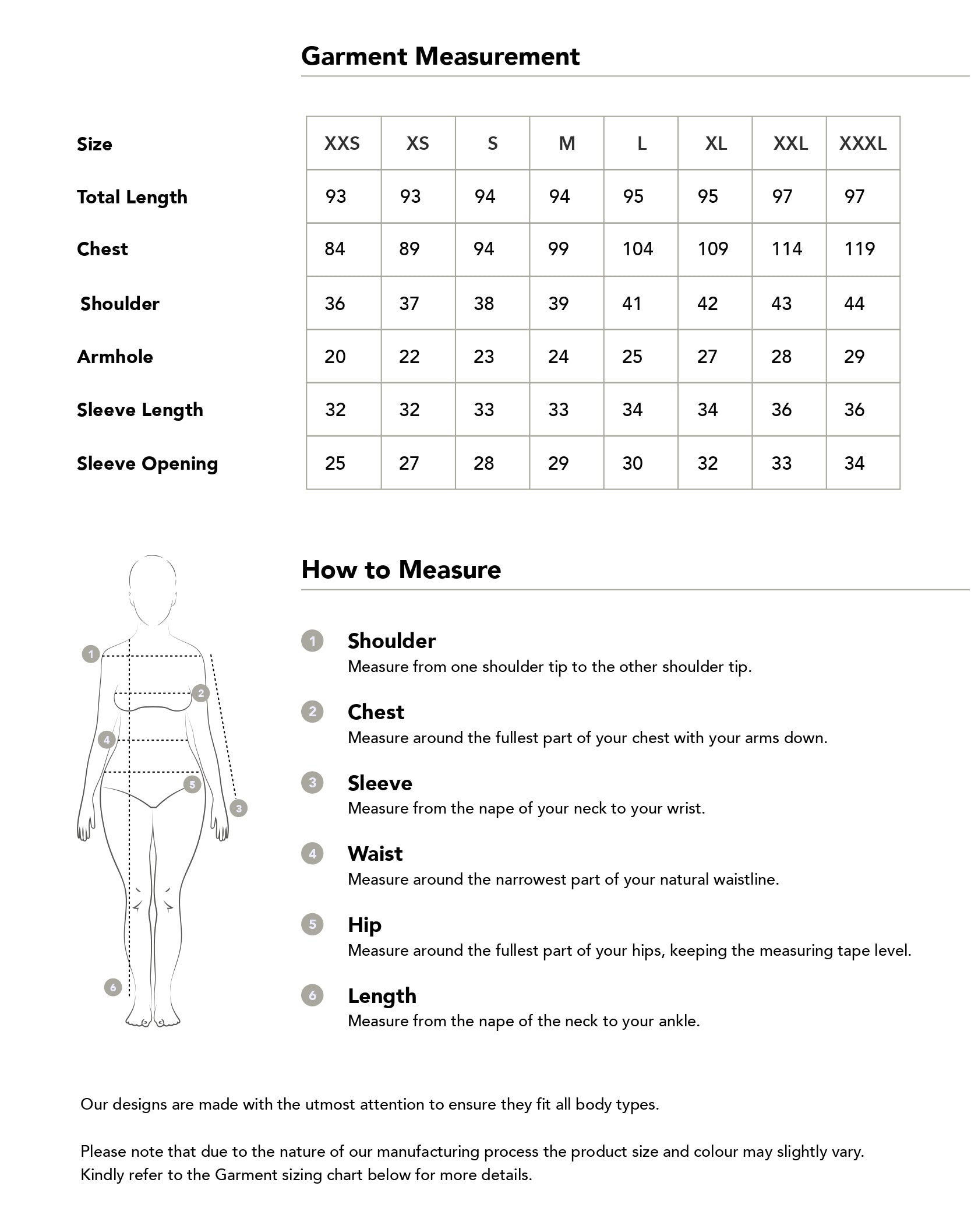 Size chart in centimetres