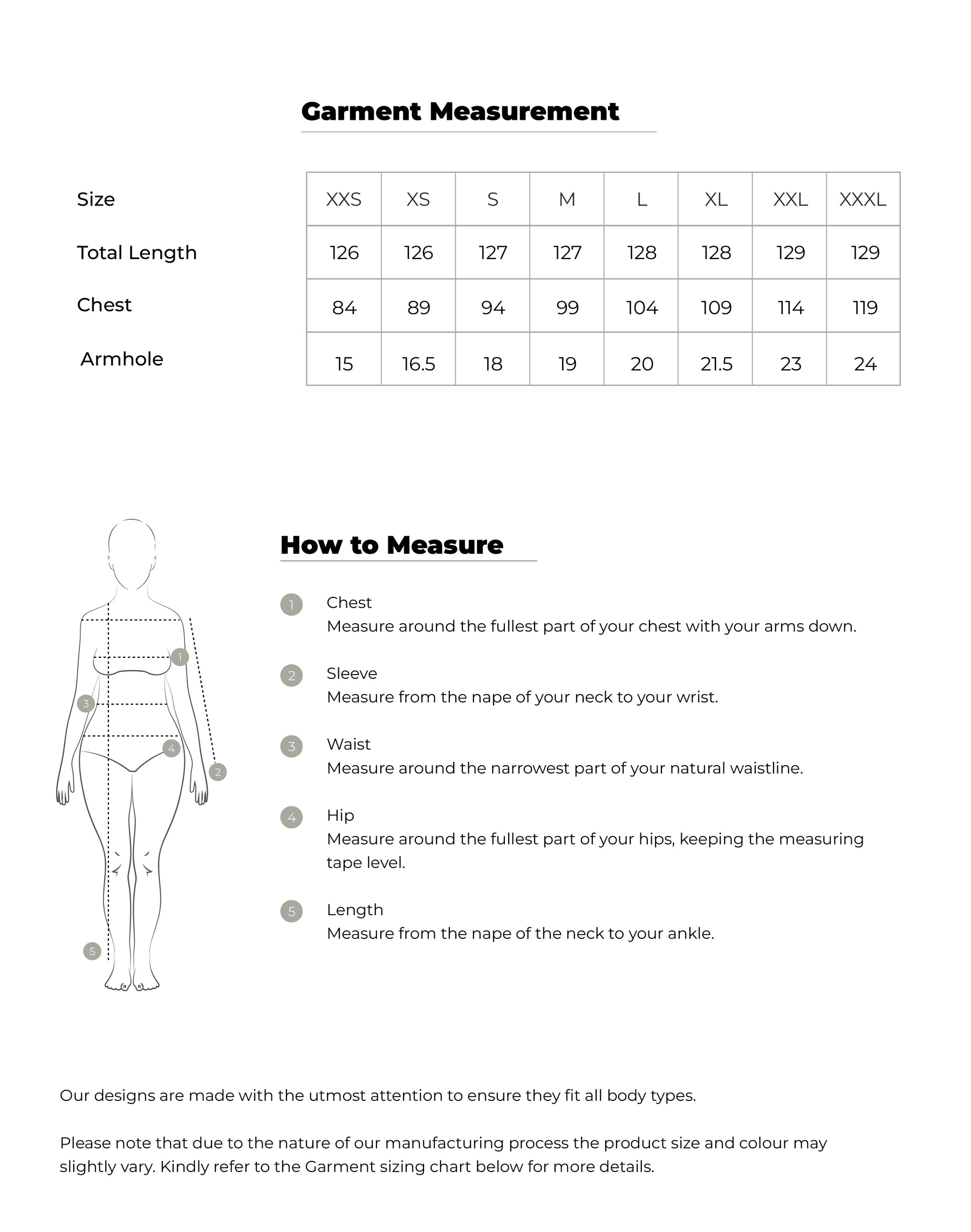 Size chart in centimetres