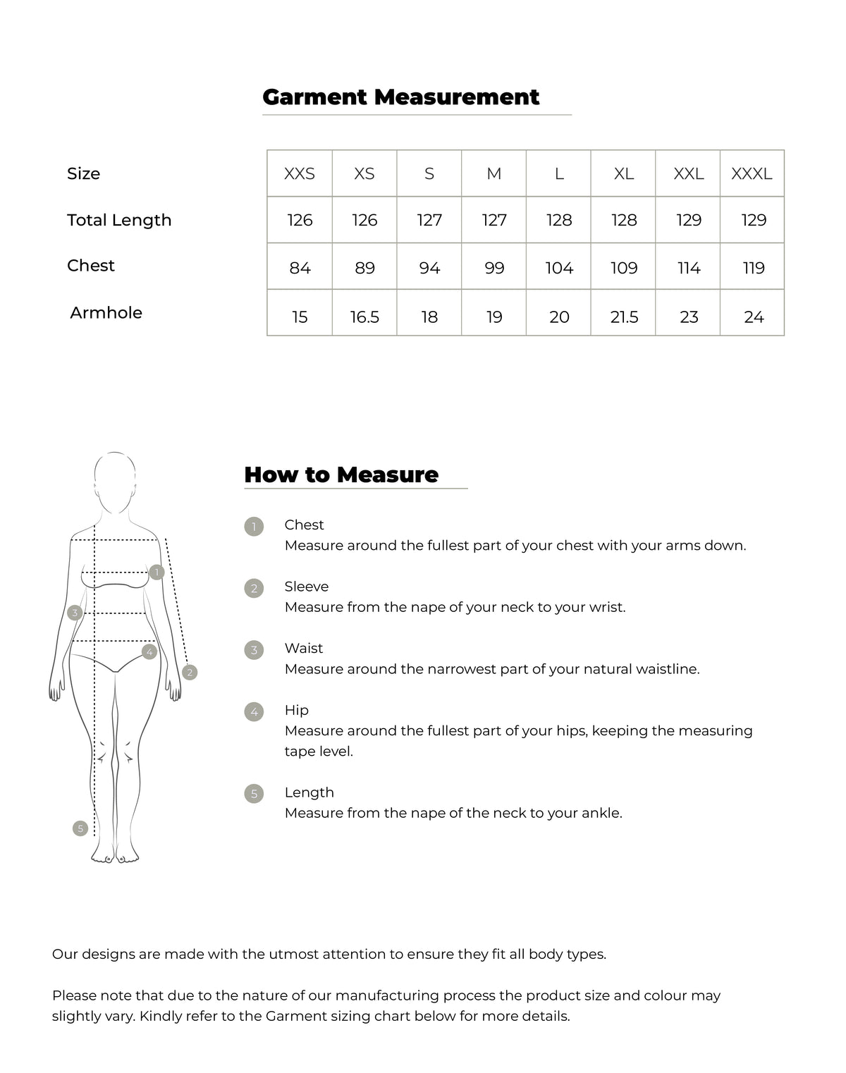 Size chart in centimetres