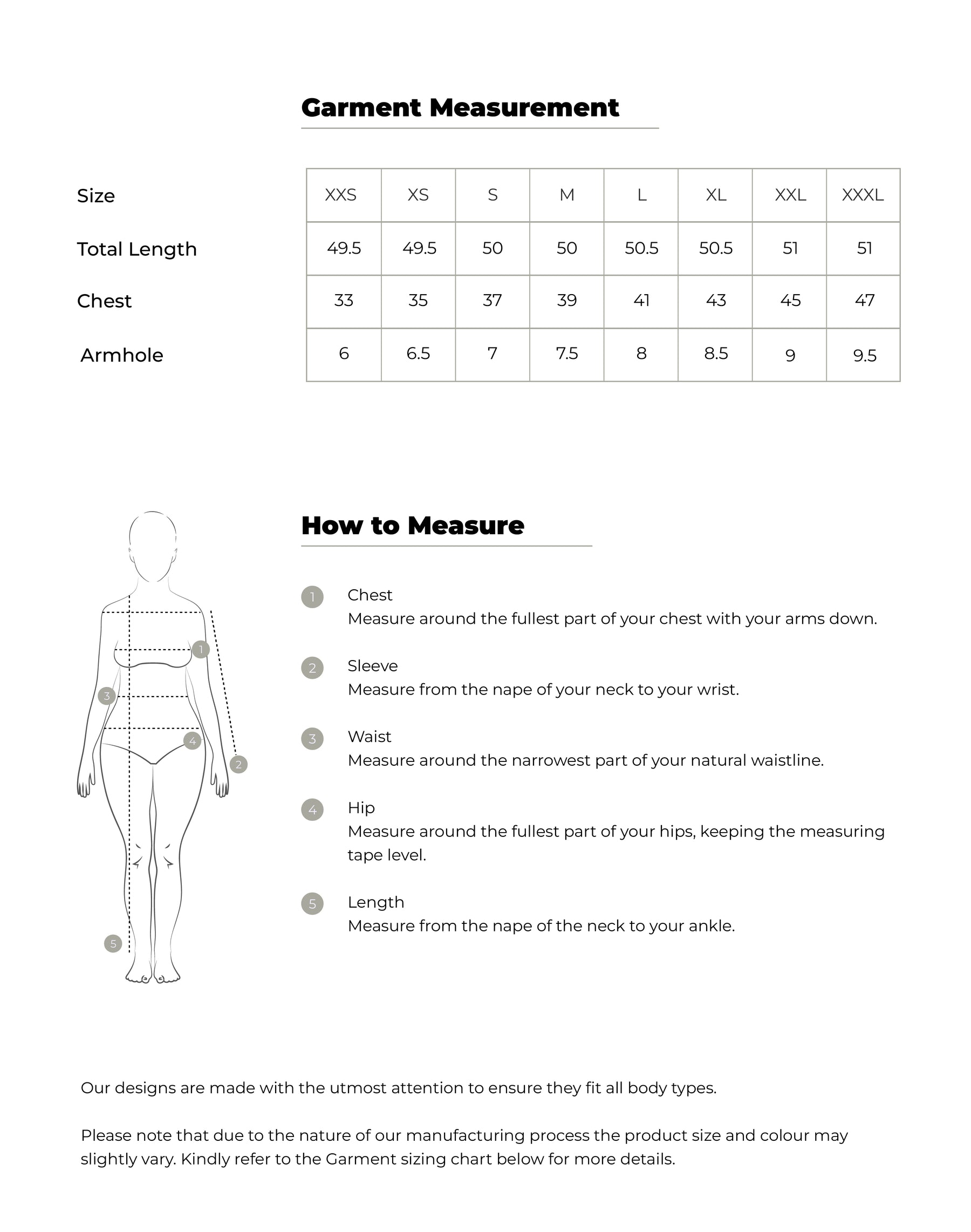 Size chart in inches