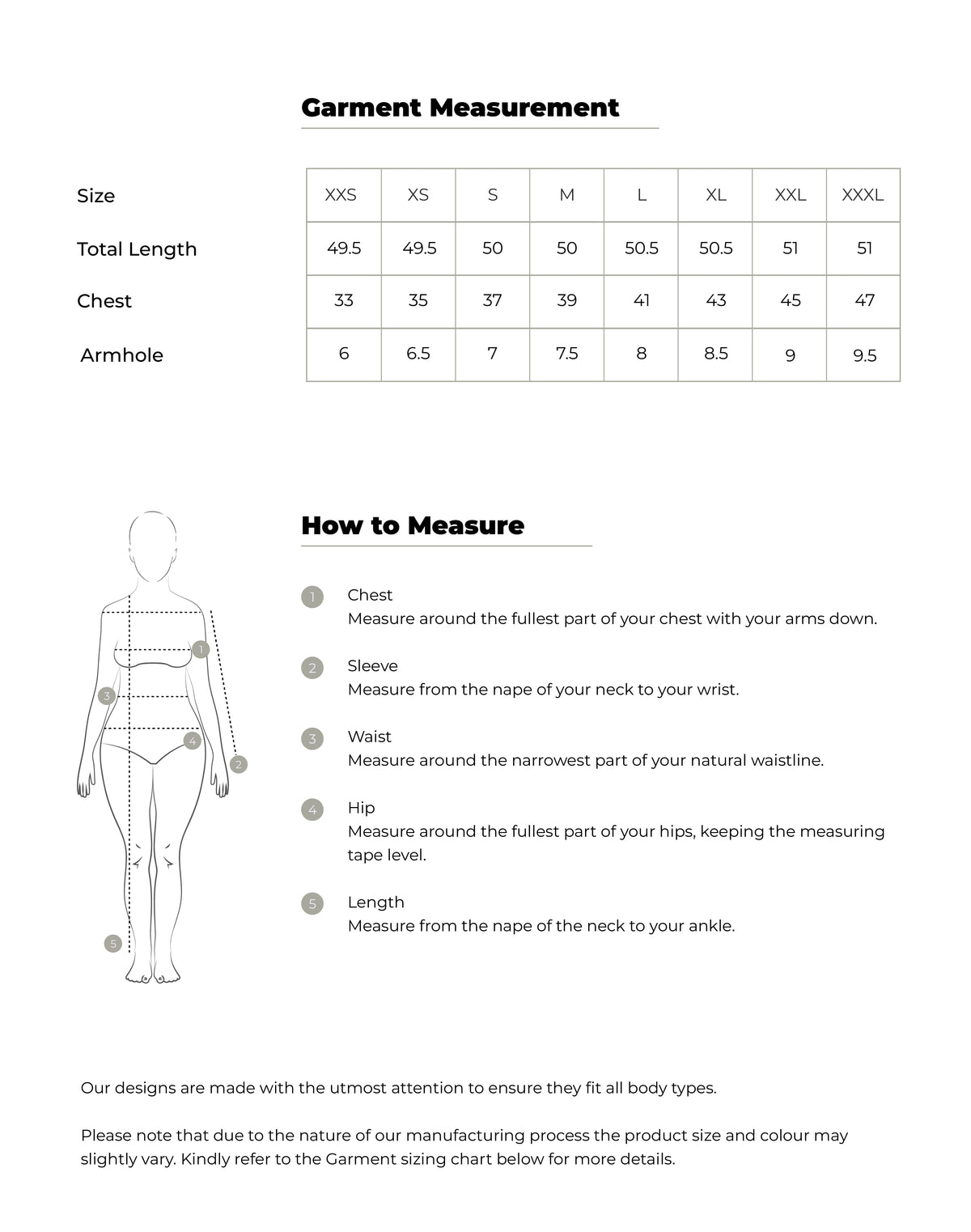 Size chart in inches