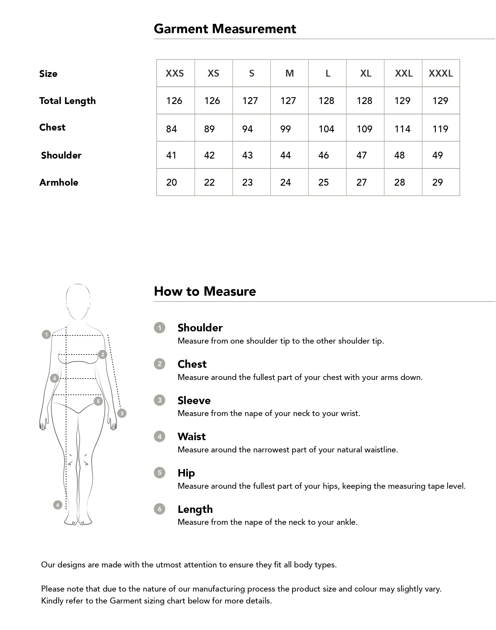 Size chart in centimetres