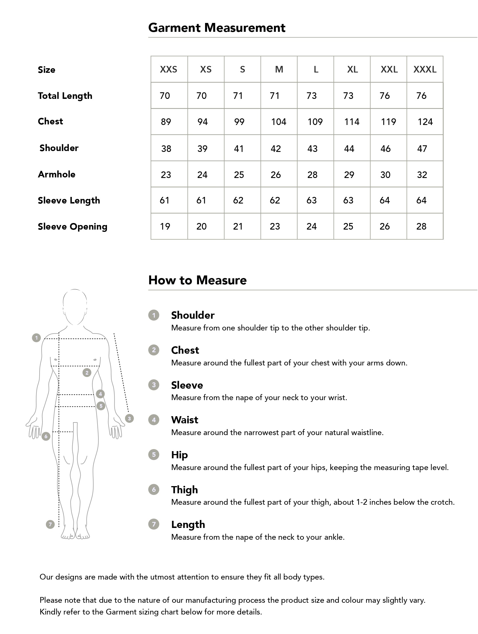 Size chart in centimetres