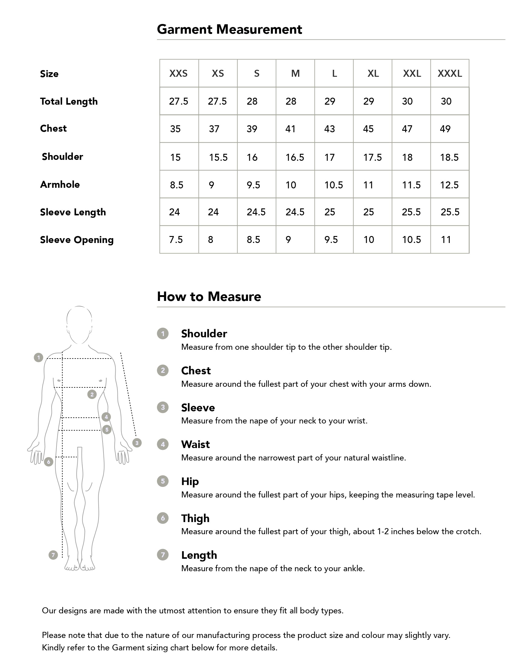 Size chart in inches