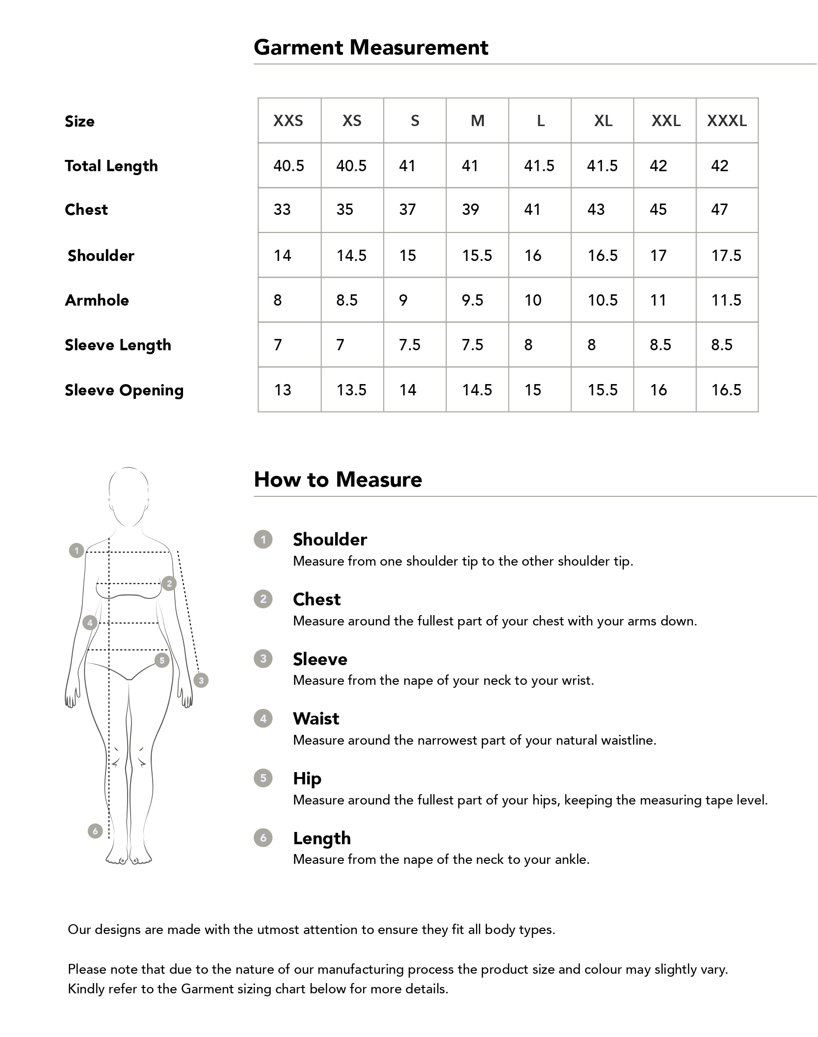 Size chart in inches