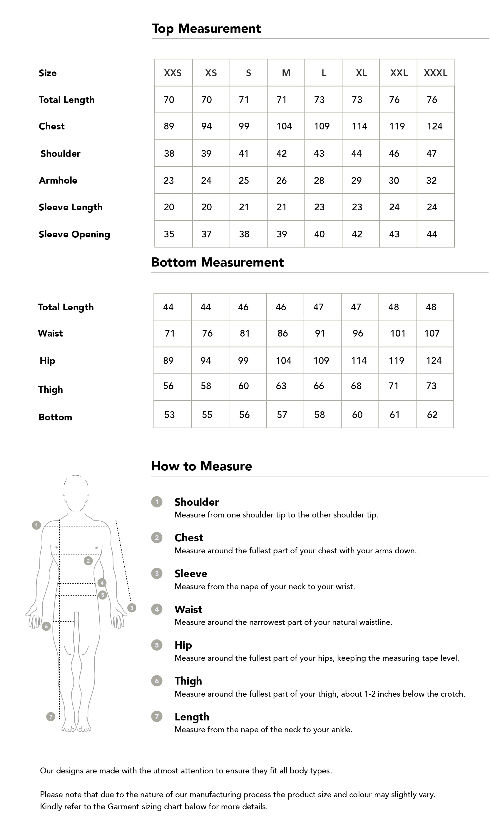 Size chart in centimetres