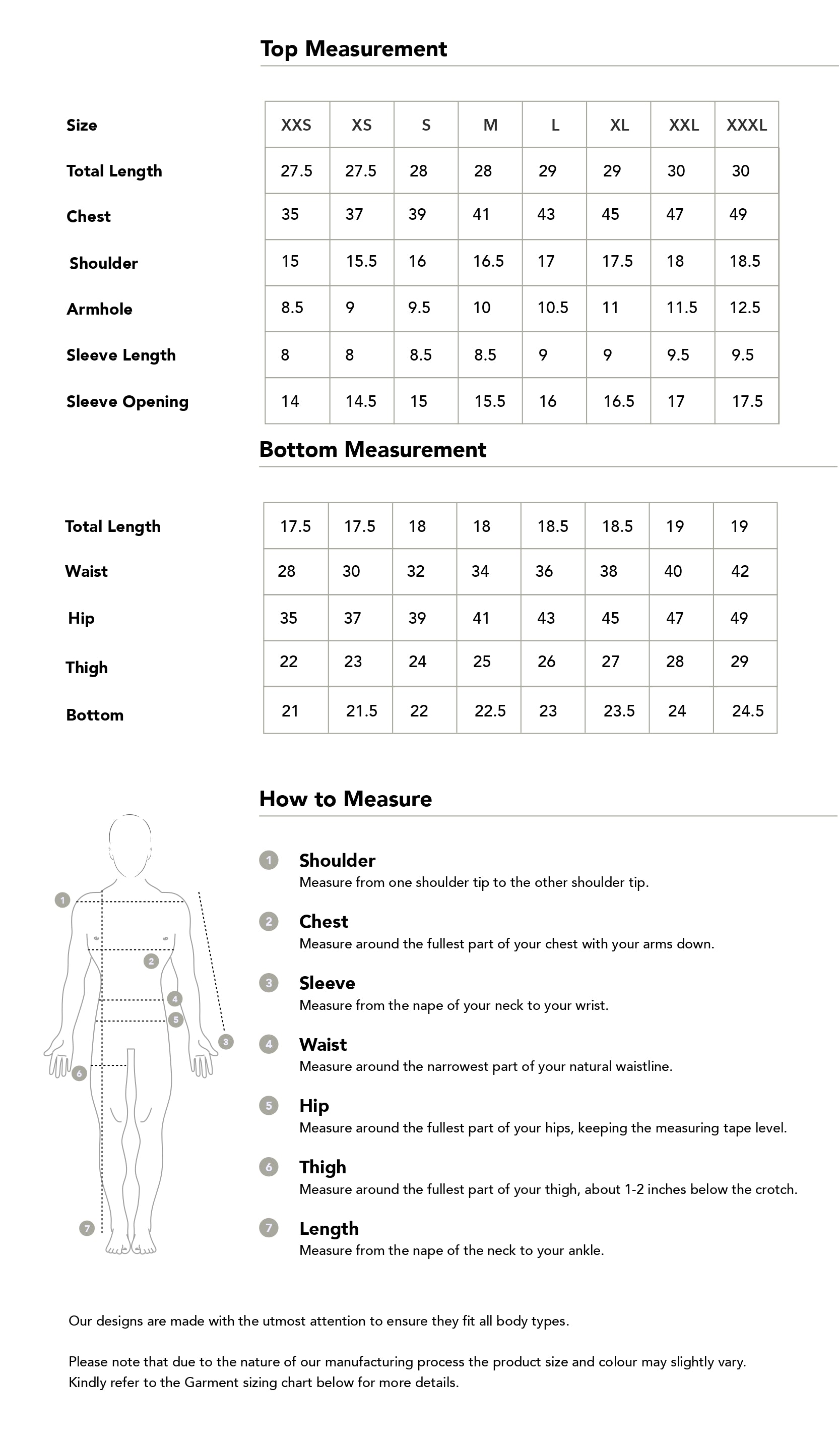 Size chart in inches