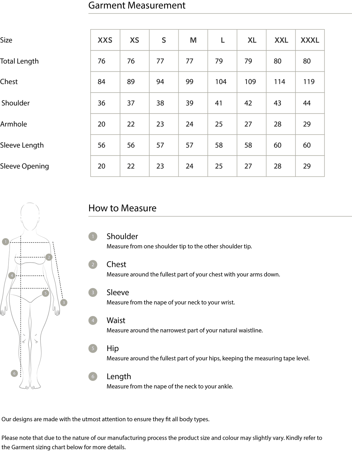 Size chart in centimetres