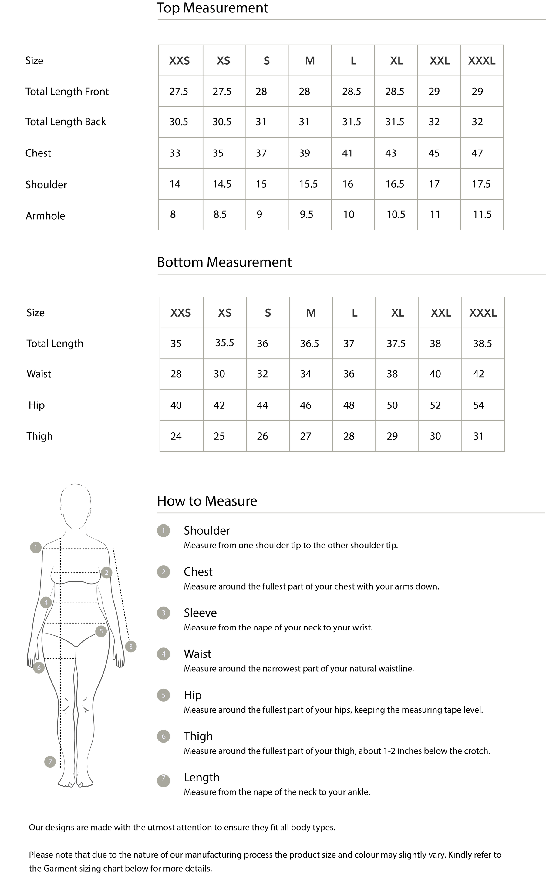 Size chart in inches