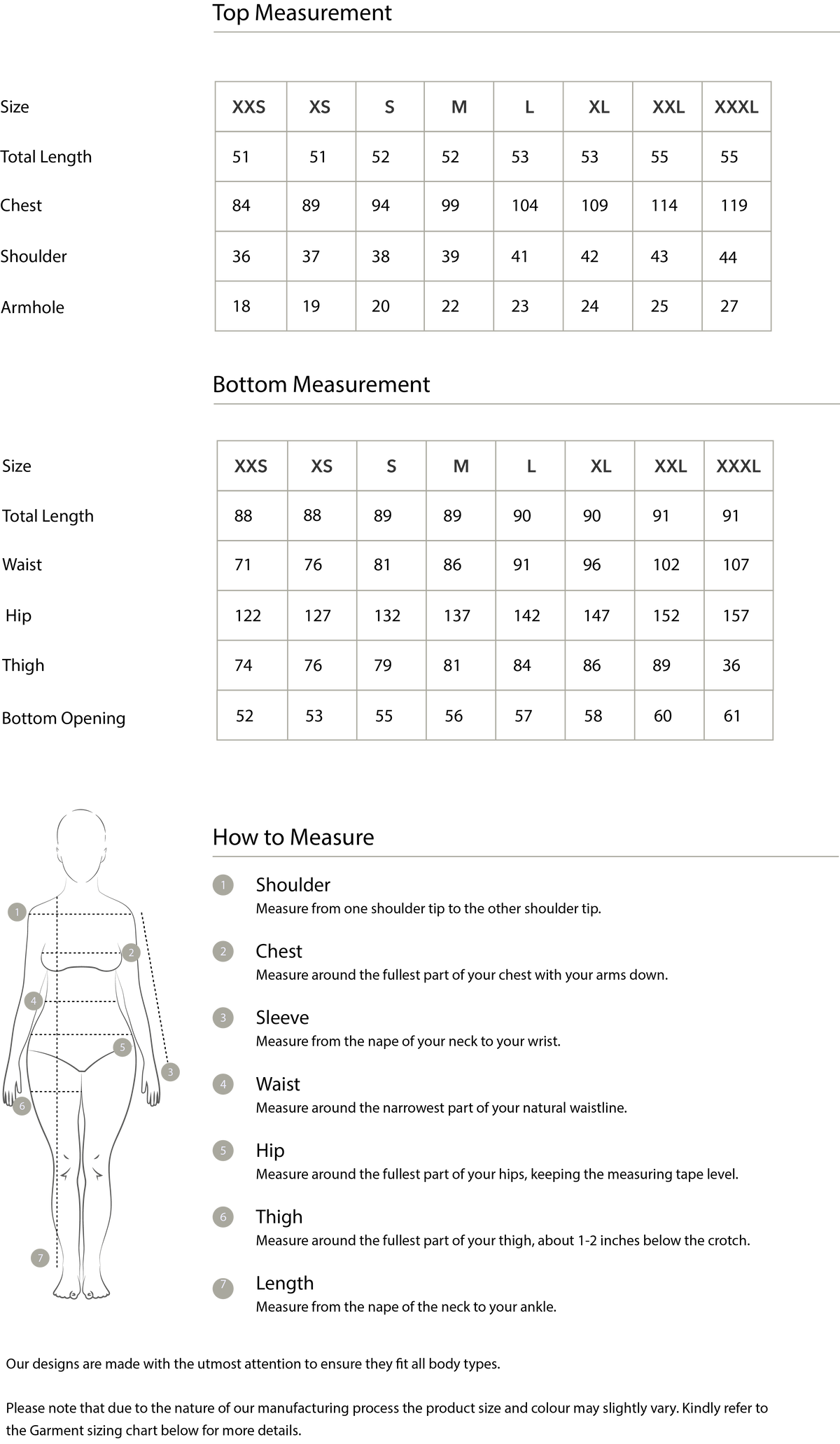 Size chart in centimetres